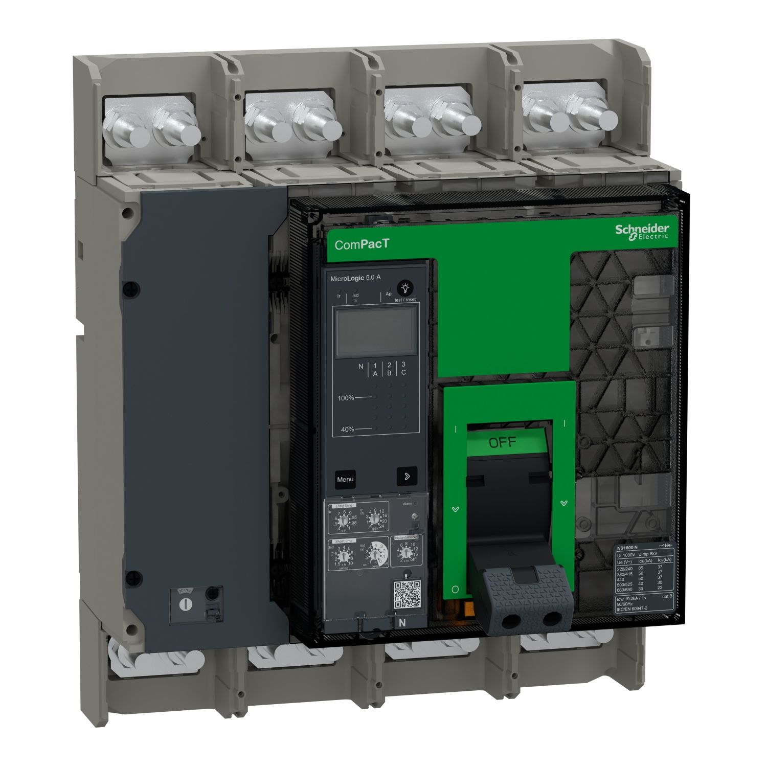 Picture of Circuit breaker, ComPacT NS1600N, 50kA at 415VAC, 4P, fixed, manually operated, MicroLogic 5.0A control unit, 1600A