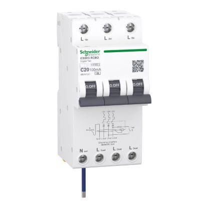 Picture of Residual current breaker with overcurrent protection (RCBO), Acti9 iC60H3, 3P+Ns, C Curve, 20A, 100mA, A type, 10000A