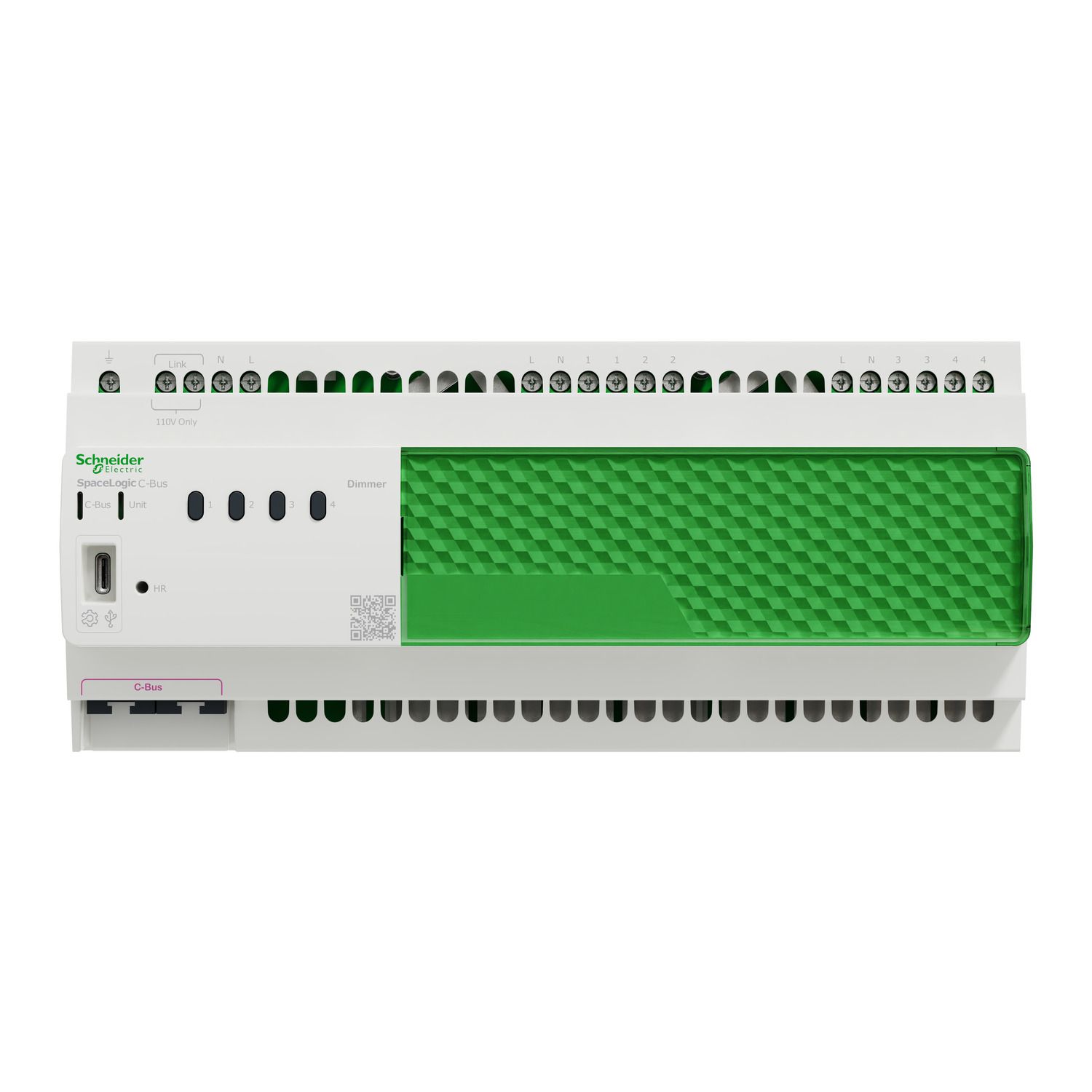 Picture of Dimmer, SpaceLogic C-Bus, 4 channel, 2A per channel, DIN rail mount, inbuilt switchable C-Bus power supply, white