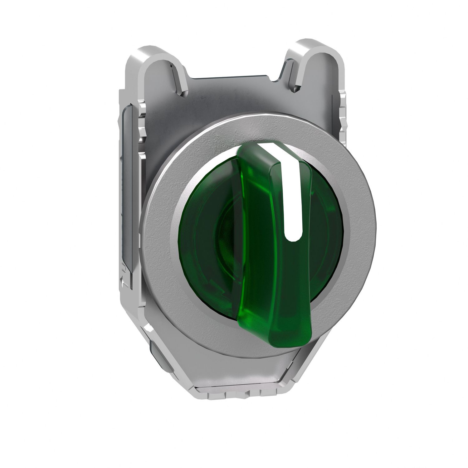 Picture of Head for illuminated selector switch, Harmony XB4, metal, green handle, 30mm, universal LED, 3 positions, left to center
