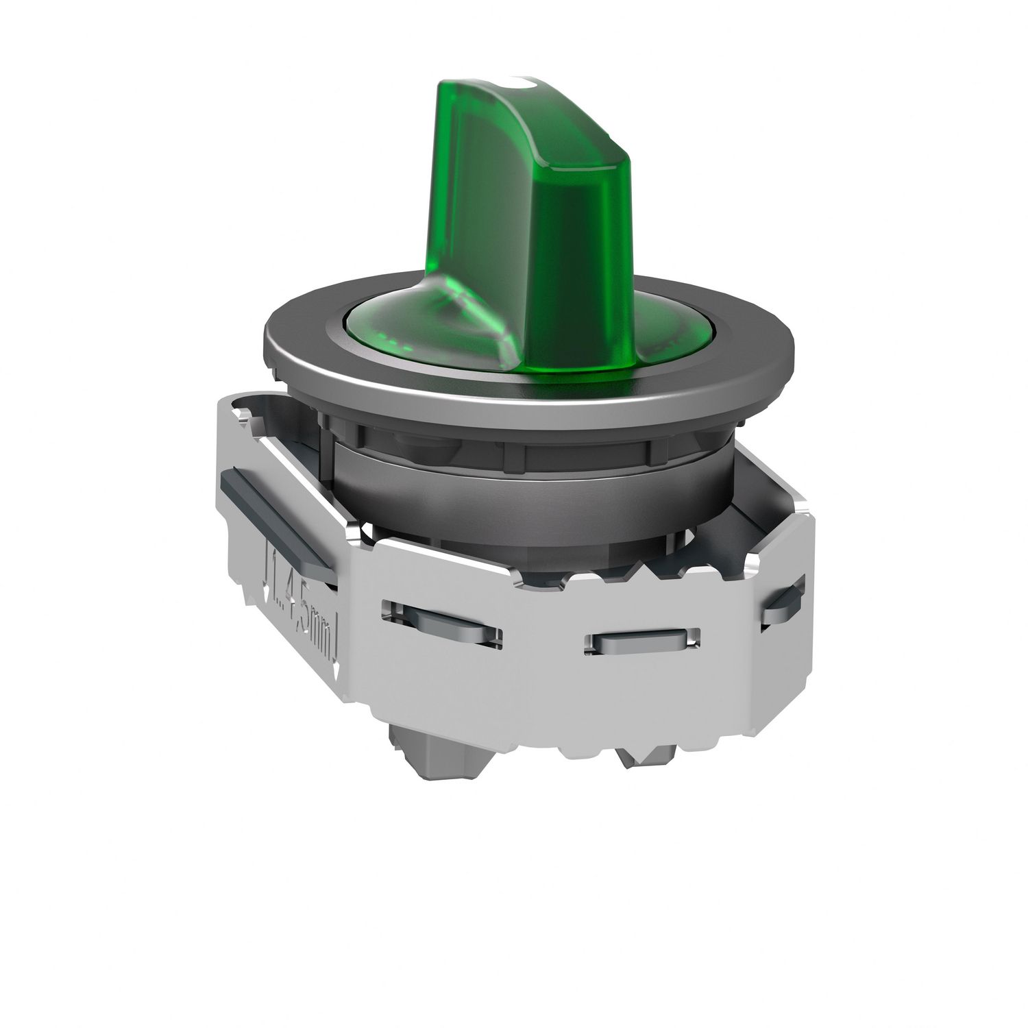 Picture of Head for illuminated selector switch, Harmony XB4, metal, green handle, 30mm, universal LED, 3 positions, left to center