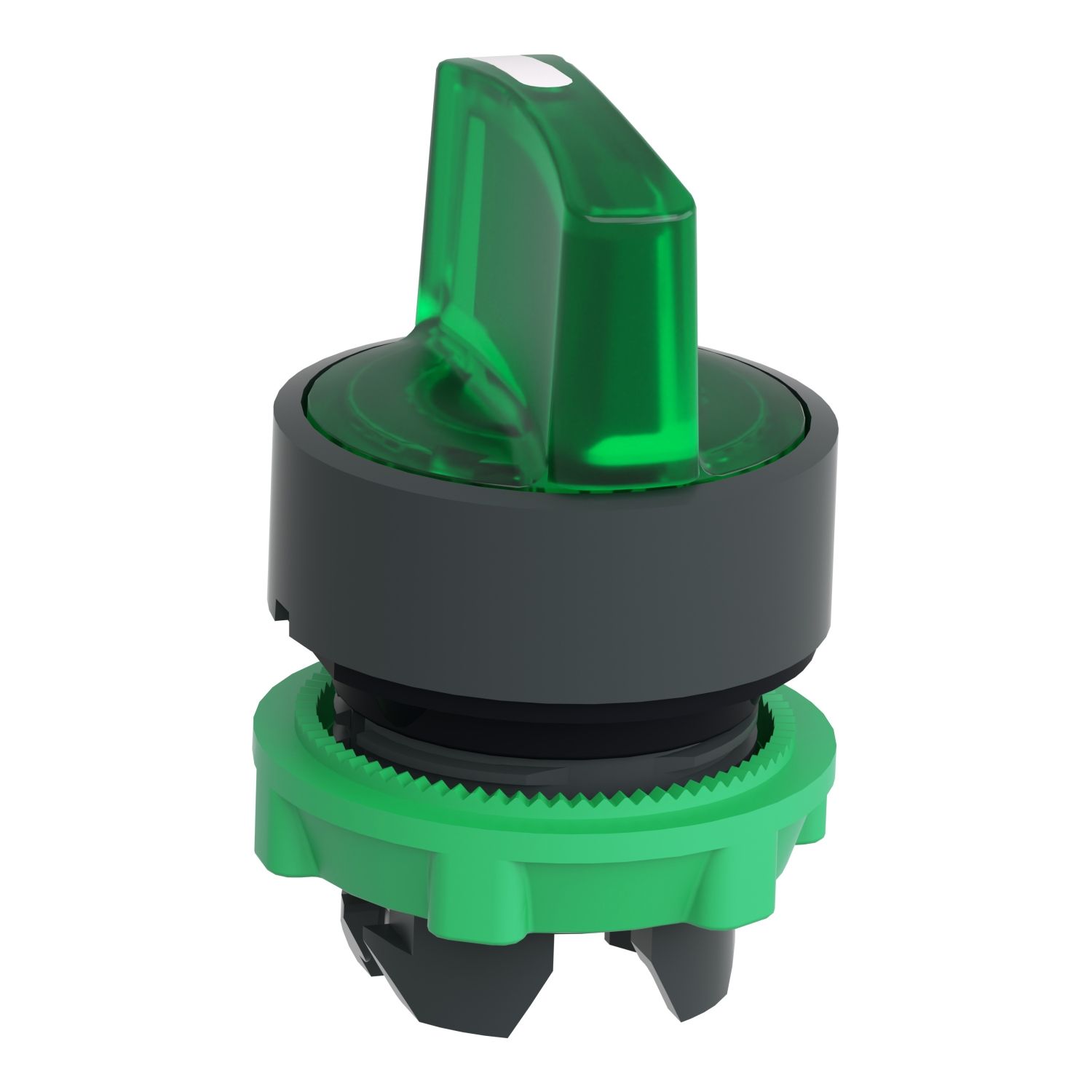 Picture of Head for illuminated selector switch, Harmony XB5, grey plastic, green handle, 22mm, universal LED, 3 positions, stay put