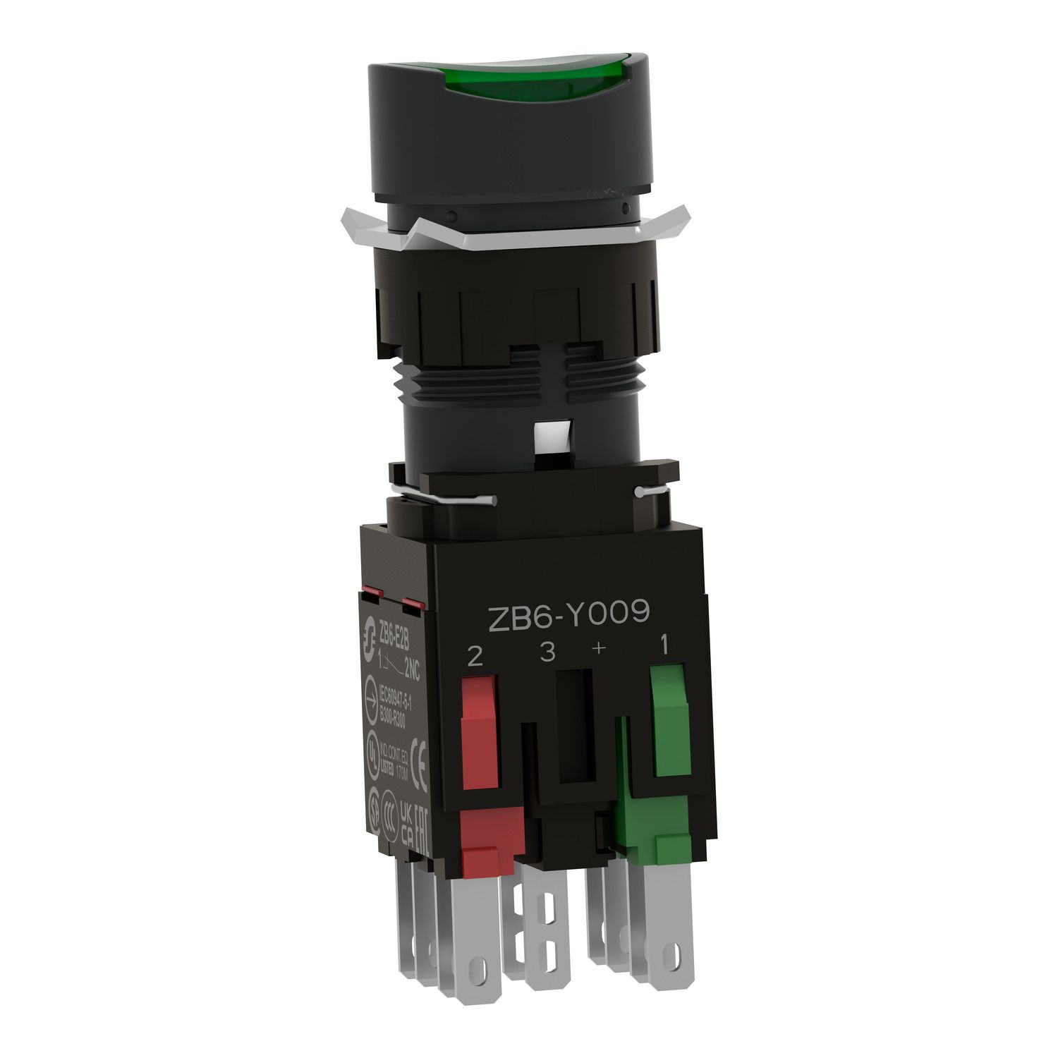 Picture of Complete illuminated push button, Harmony XB6, green flush, 16mm, spring return, 1NO + 1NC,  12...24V