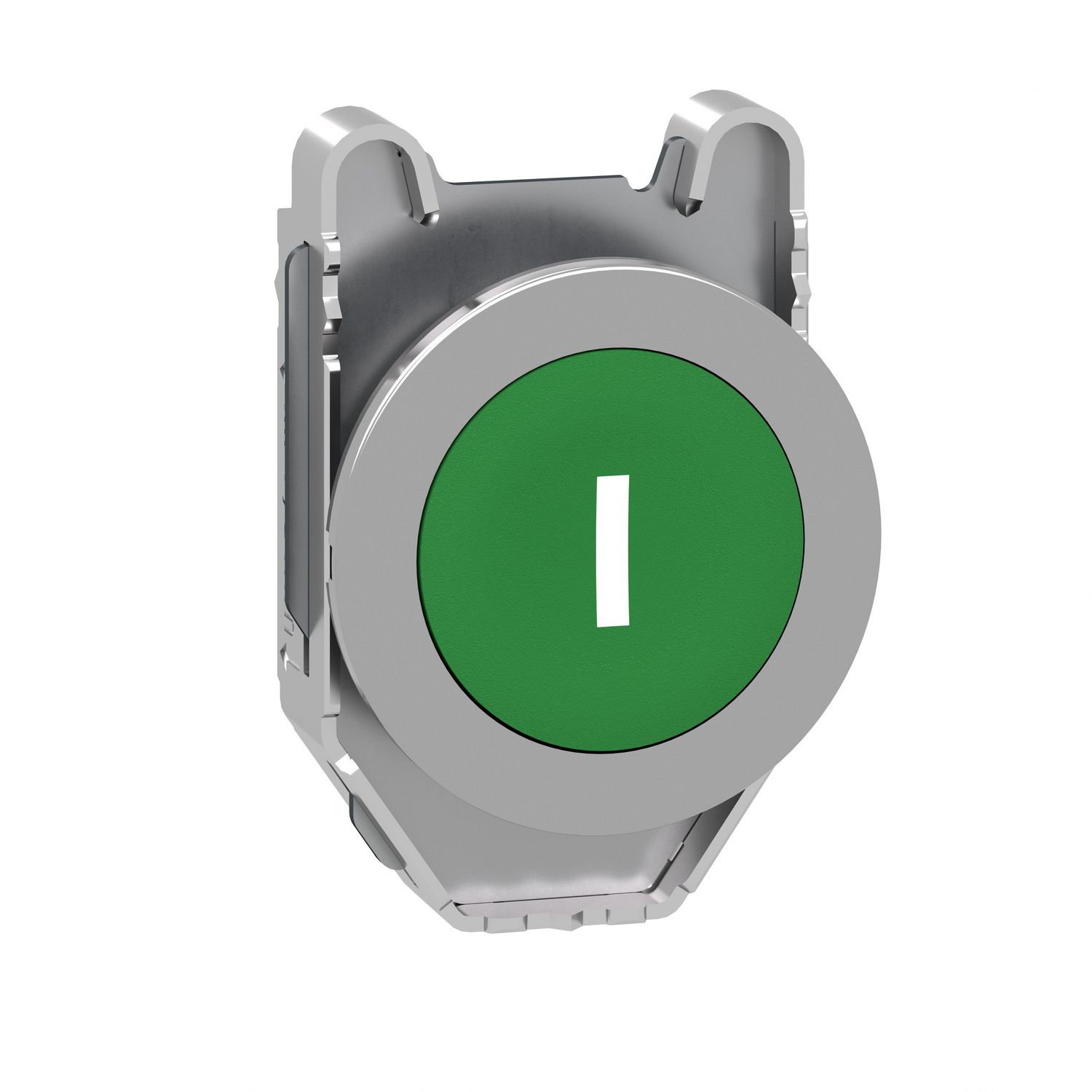 Picture of Flush mounted push button head, Harmony XB4, metal, green, 30mm, spring return, marked I