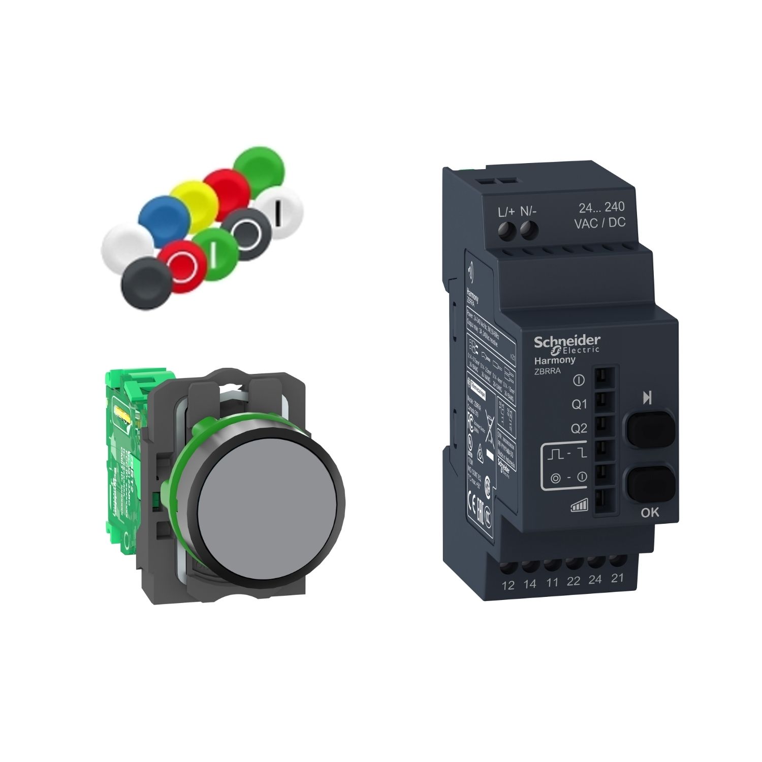 Picture of Wireless push button and configurable receiver with 10 colored caps, Harmony XB5R, plastic, Ø22, 24...240 V AC/DC