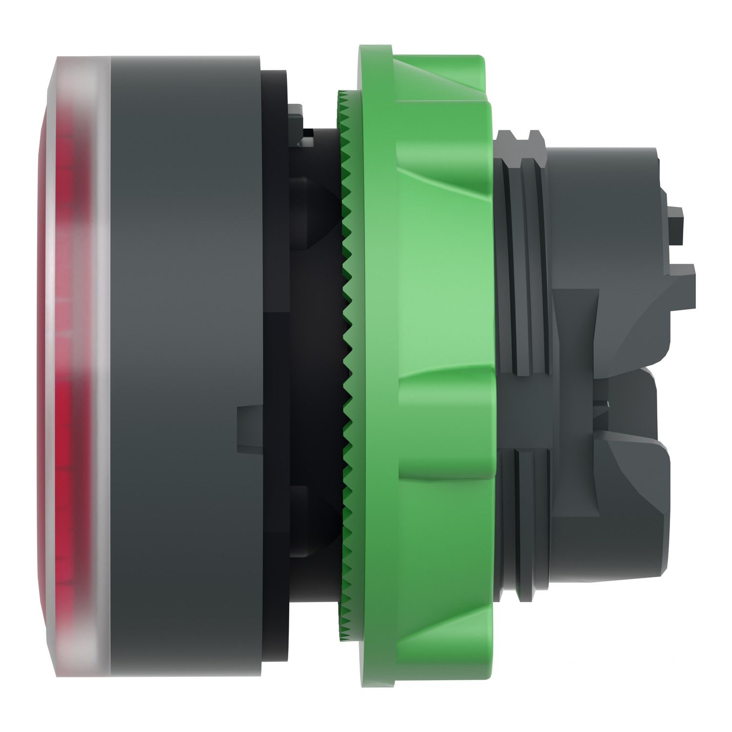 Picture of Head for illuminated push button, Harmony XB5, red flush, 22mm, universal LED, spring return, grooved lens, unmarked