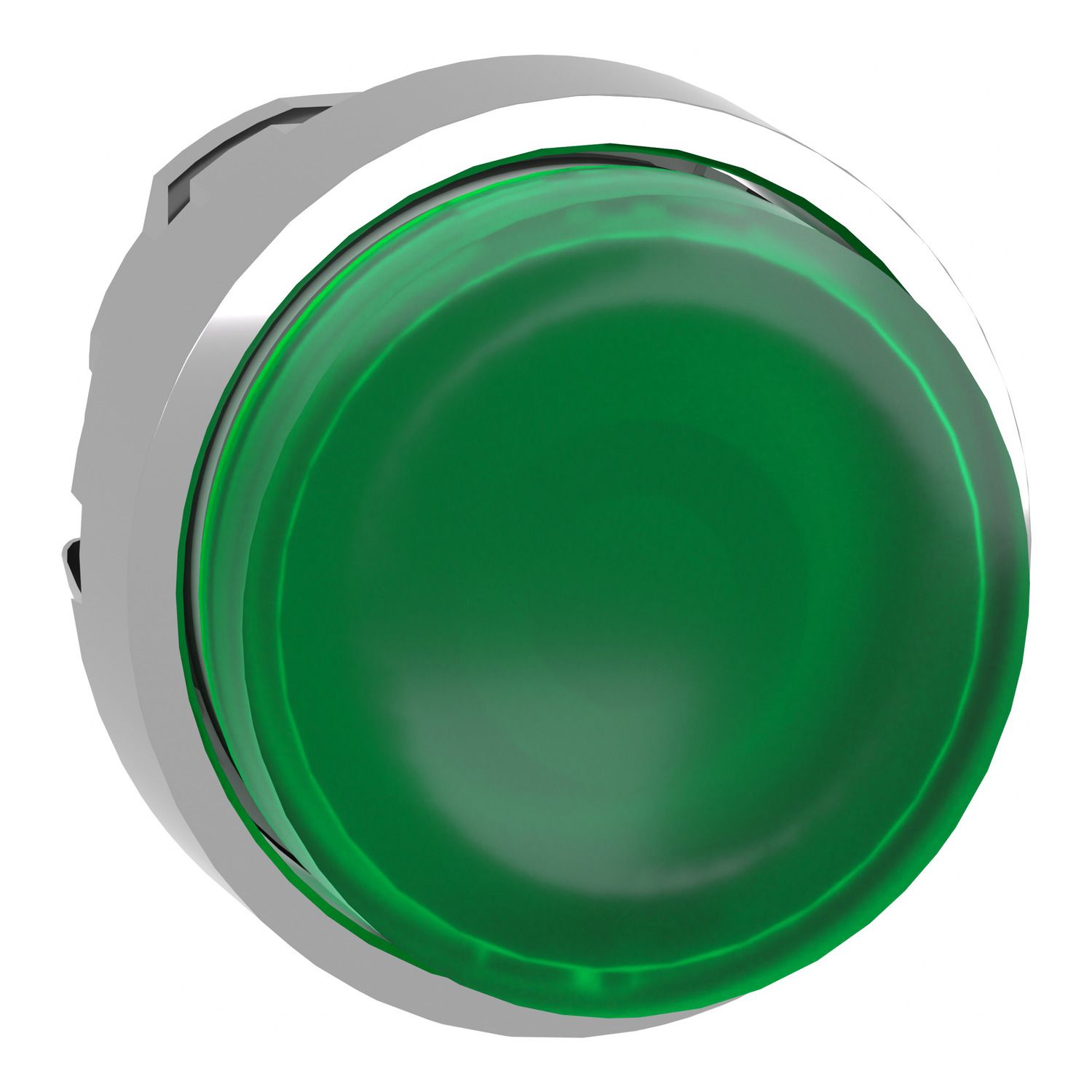 Picture of Head for illuminated push button, Harmony XB4, metal, green projecting, 22mm, universal LED, spring return, plain lens