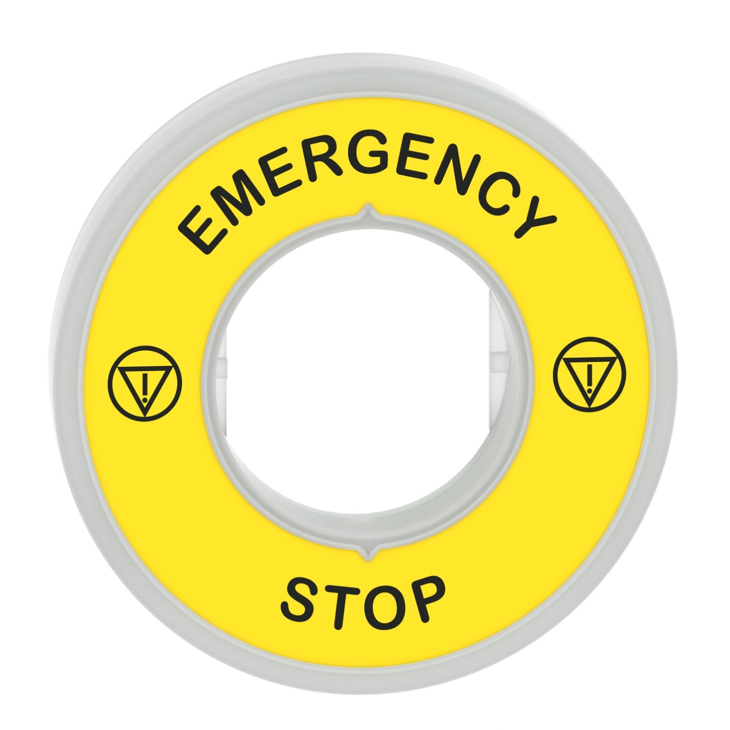 Picture of Illuminated marked legend ring, Harmony XB5, 60mm, plastic, yellow, red fixed integral LED, marked EMERGENCY STOP, 230...240V AC