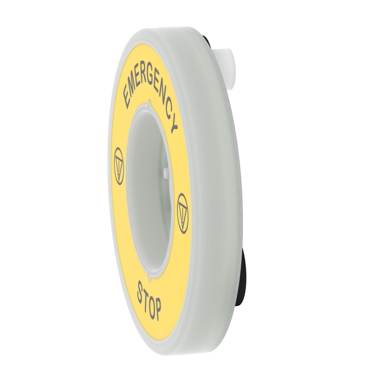 Picture of Illuminated marked legend ring, Harmony XB5, 60mm, plastic, yellow, red fixed integral LED, marked EMERGENCY STOP, 230...240V AC