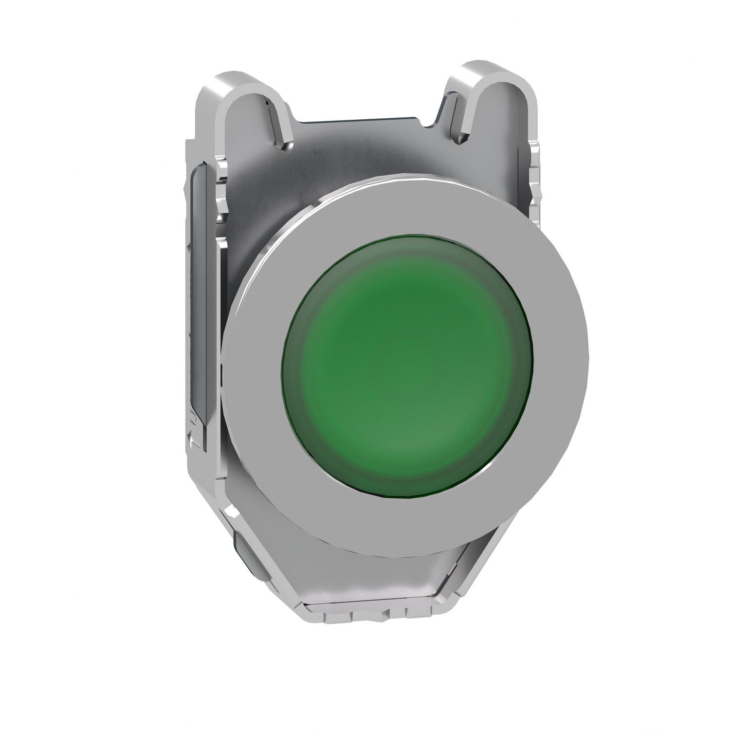 Picture of Head for illuminated push button, Harmony XB4, metal, green flush mounted, 30mm, universal LED, for legend of insertion