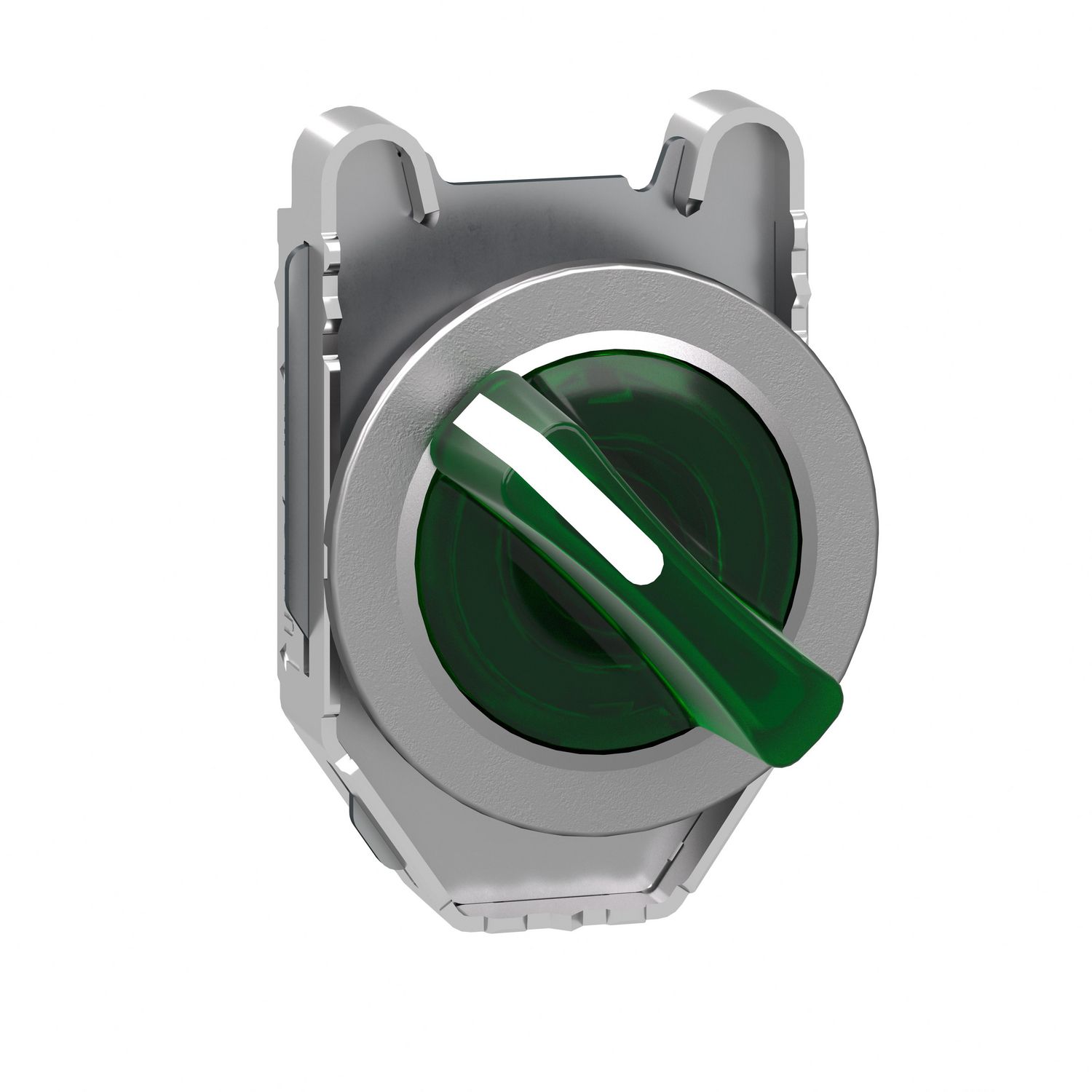 Picture of Head for illuminated selector switch, Harmony XB4, universal LED,  green handle, flush, 30mm, 2 positions, stay put