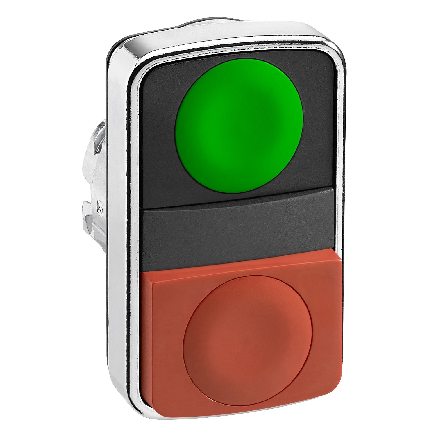 Picture of Head for double headed push button, Harmony XB4, metal, 22mm, 1 green flush unmarked+1 red projecting unmarked