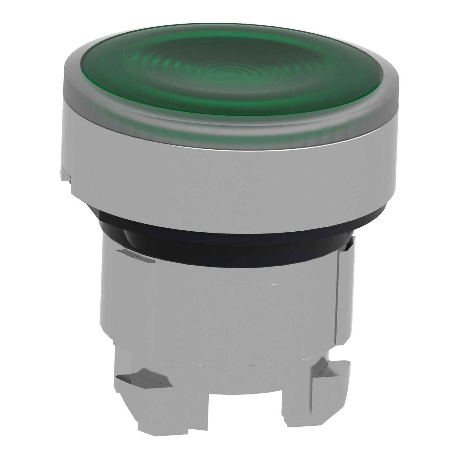 Picture of Head for illuminated push button, Harmony XB4, metal, green flush, 22mm, universal LED, spring return, grooved lens