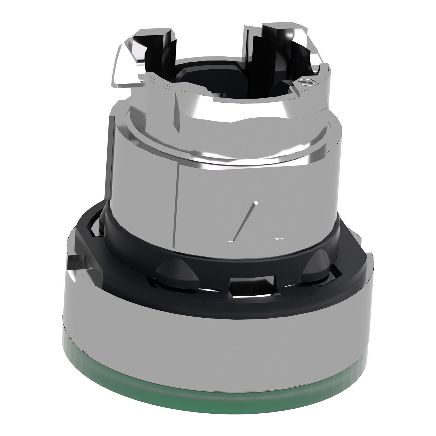 Picture of Head for illuminated push button, Harmony XB4, metal, green flush, 22mm, universal LED, spring return, grooved lens