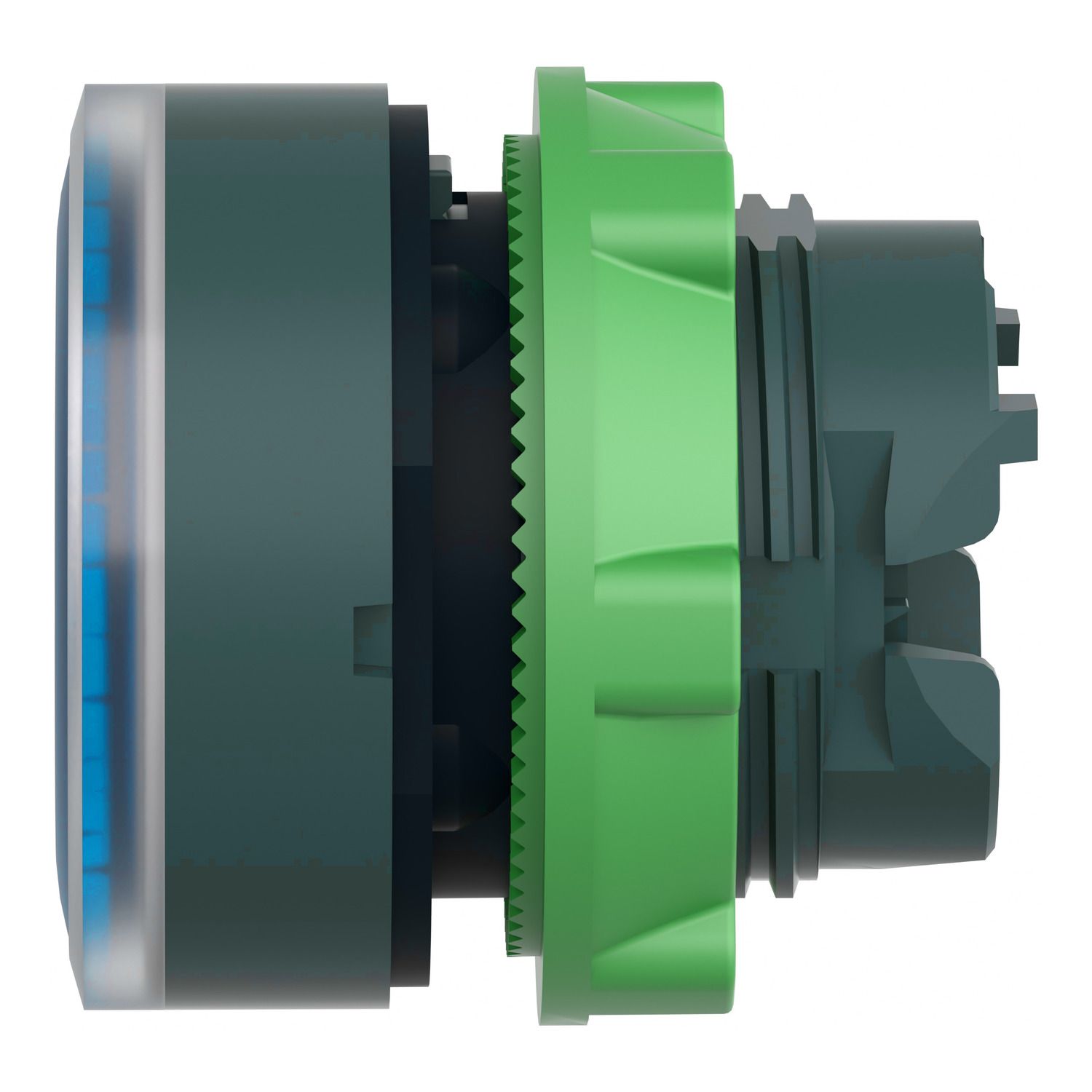 Picture of Head for illuminated push button, Harmony XB5, blue flush, 22mm, universal LED, spring return, grooved lens, unmarked