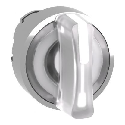 Picture of Head for illuminated selector switch, Harmony XB4, chromium metal, white handle, 22mm, universal LED, 3 positions, right to center