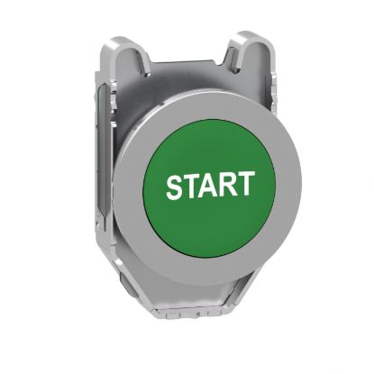 Picture of Flush mounted push button head, Harmony XB4, metal, green, 30mm, spring return, marked START