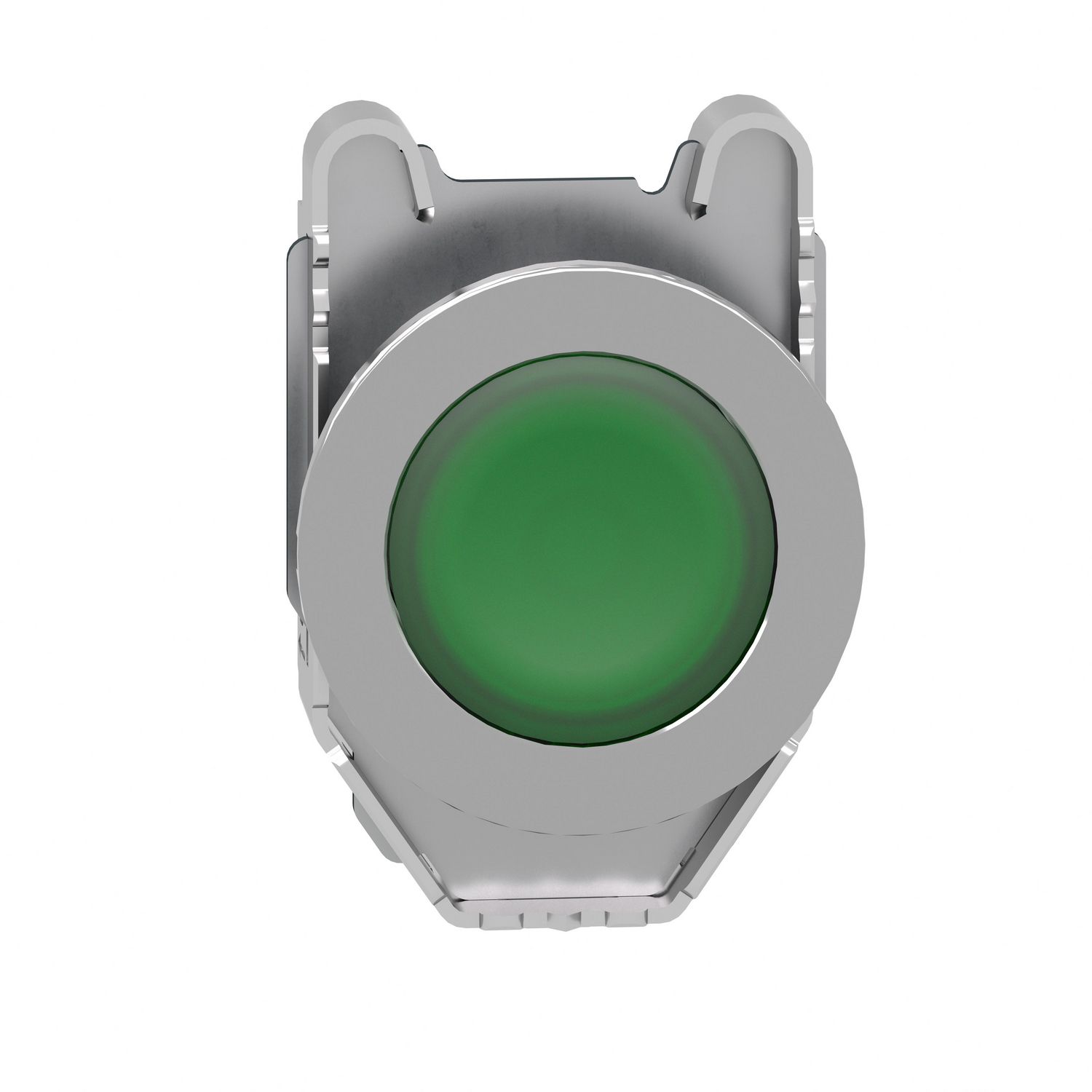Picture of Head for illuminated push button, Harmony XB4, metal, green flush mounted, 30mm, universal LED, unmarked
