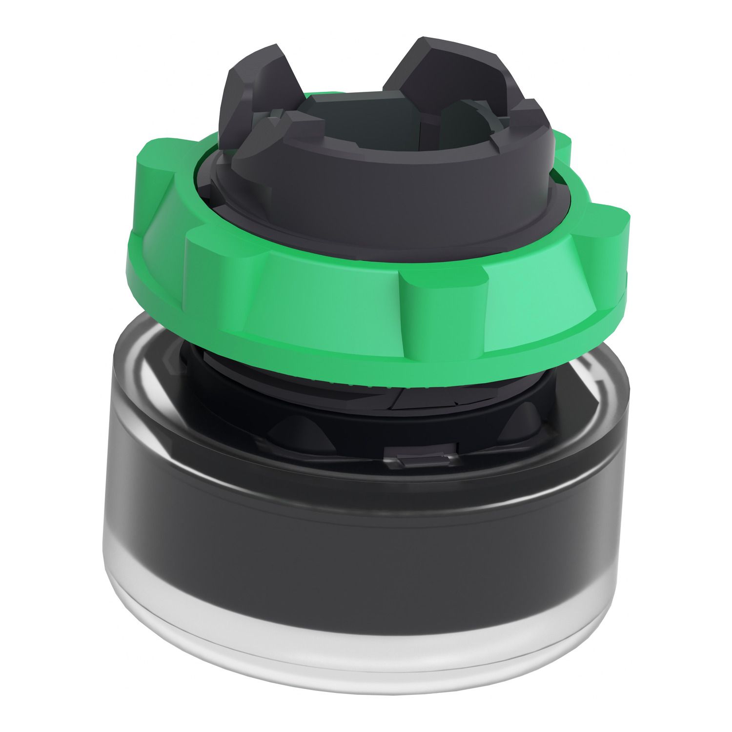 Picture of Head for illuminated push button, Harmony XB5, plastic, green flush, 22mm, universal LED, plain lens, clear boot