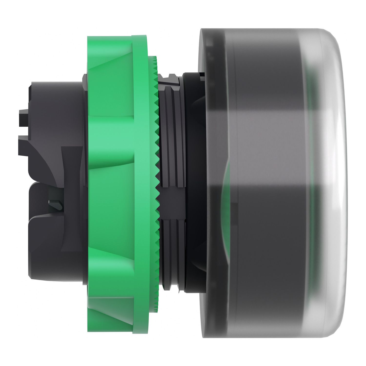 Picture of Head for illuminated push button, Harmony XB5, plastic, green flush, 22mm, universal LED, plain lens, clear boot