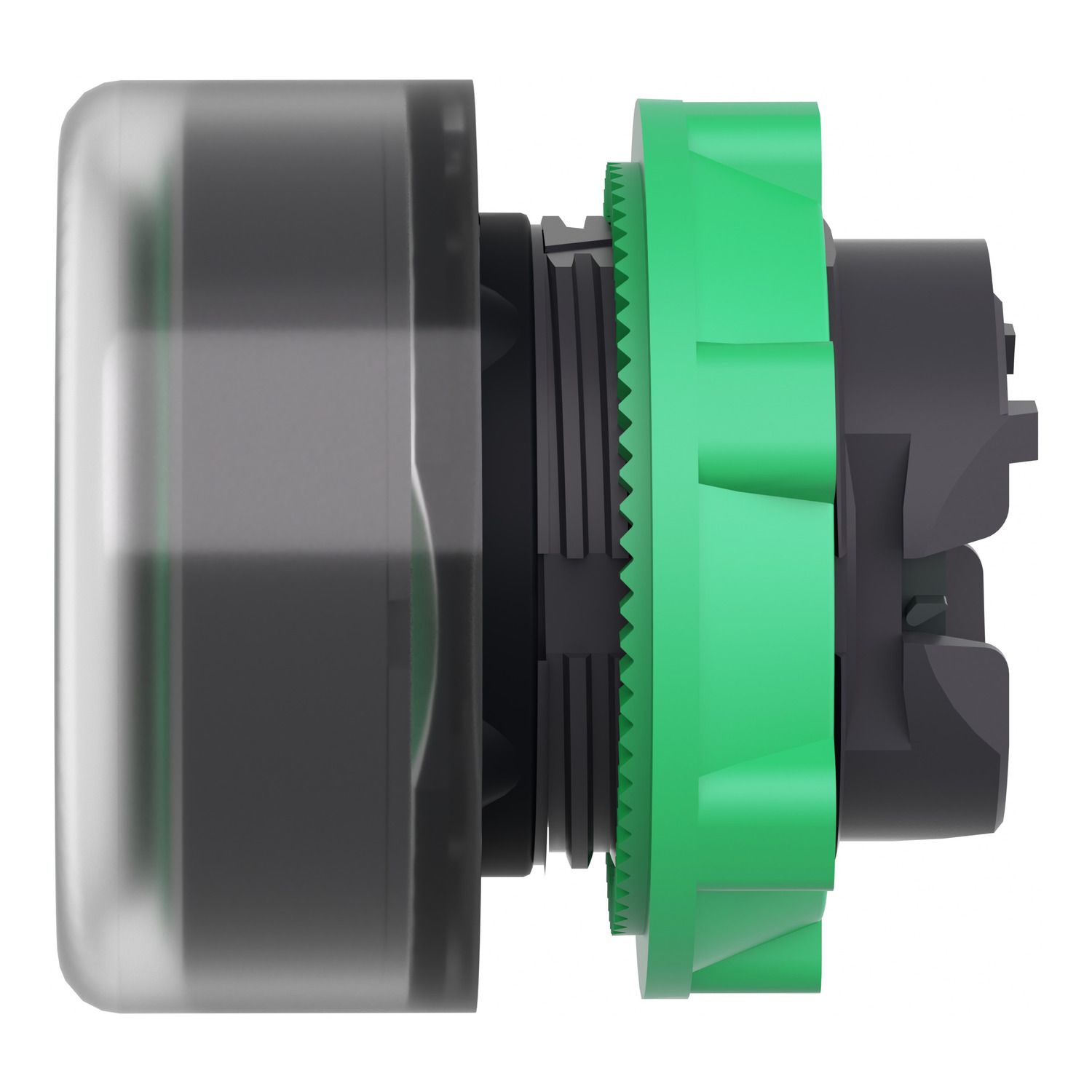 Picture of Head for illuminated push button, Harmony XB5, plastic, green flush, 22mm, universal LED, plain lens, clear boot