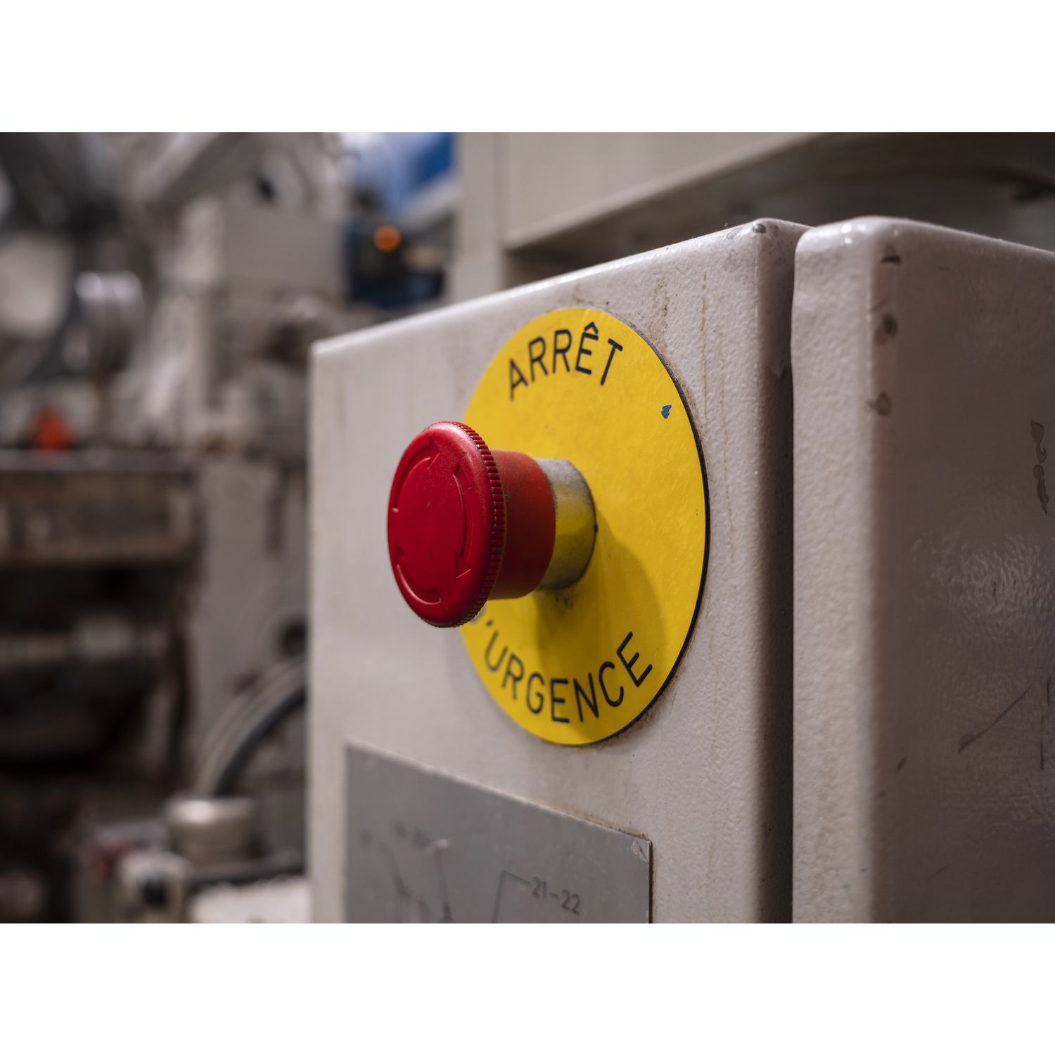 Picture of Illuminated marked legend ring, Harmony XB5, 60mm, plastic, yellow, red fixed integral LED, marked EMERGENCY STOP, 24V AC DC