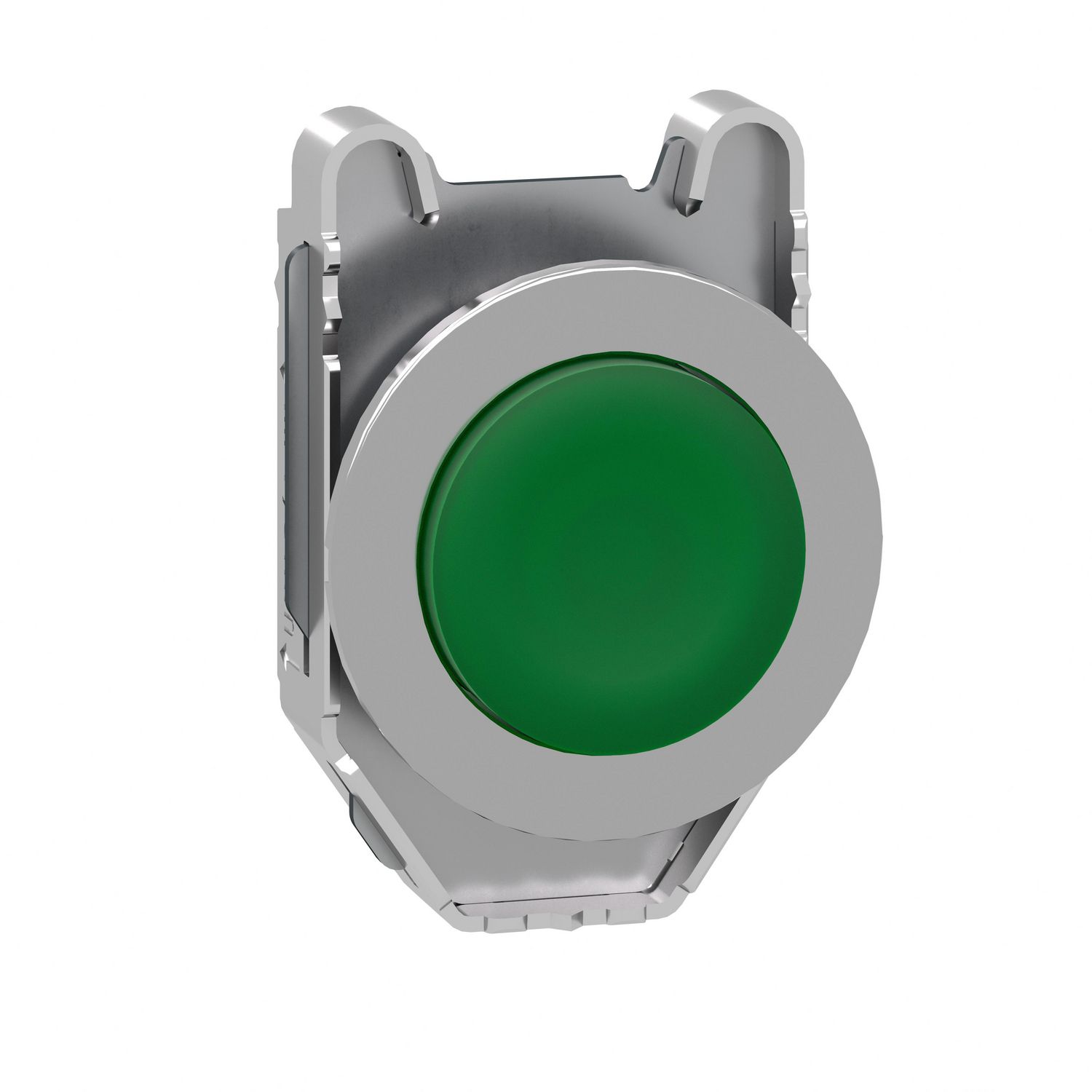 Picture of Head for illuminated push button, Harmony XB4, plastic, green projecting, 30mm, universal LED, spring return, plain lens