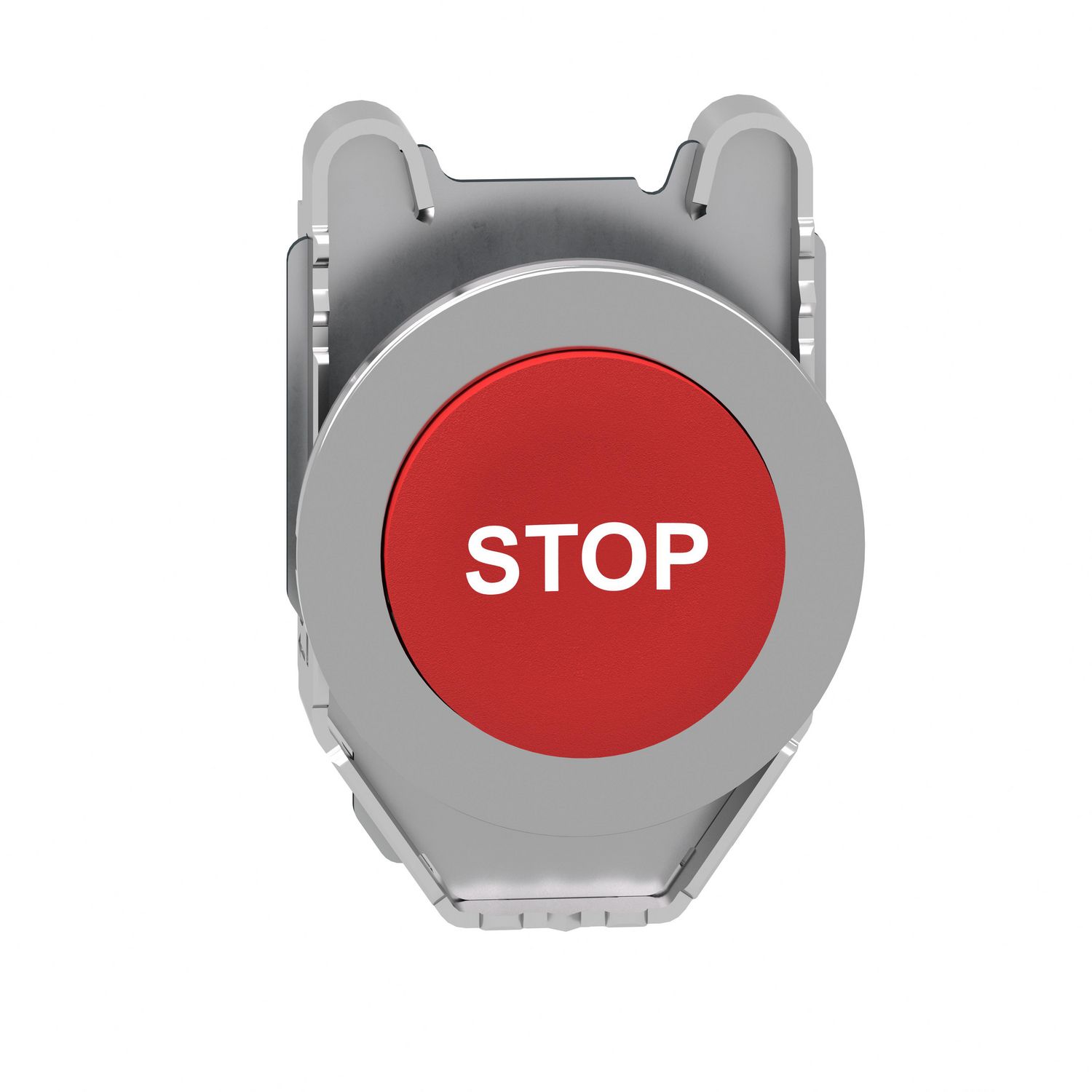 Picture of Flush mounted projecting push button head, Harmony XB4, metal, red, 30mm, spring return, marked STOP