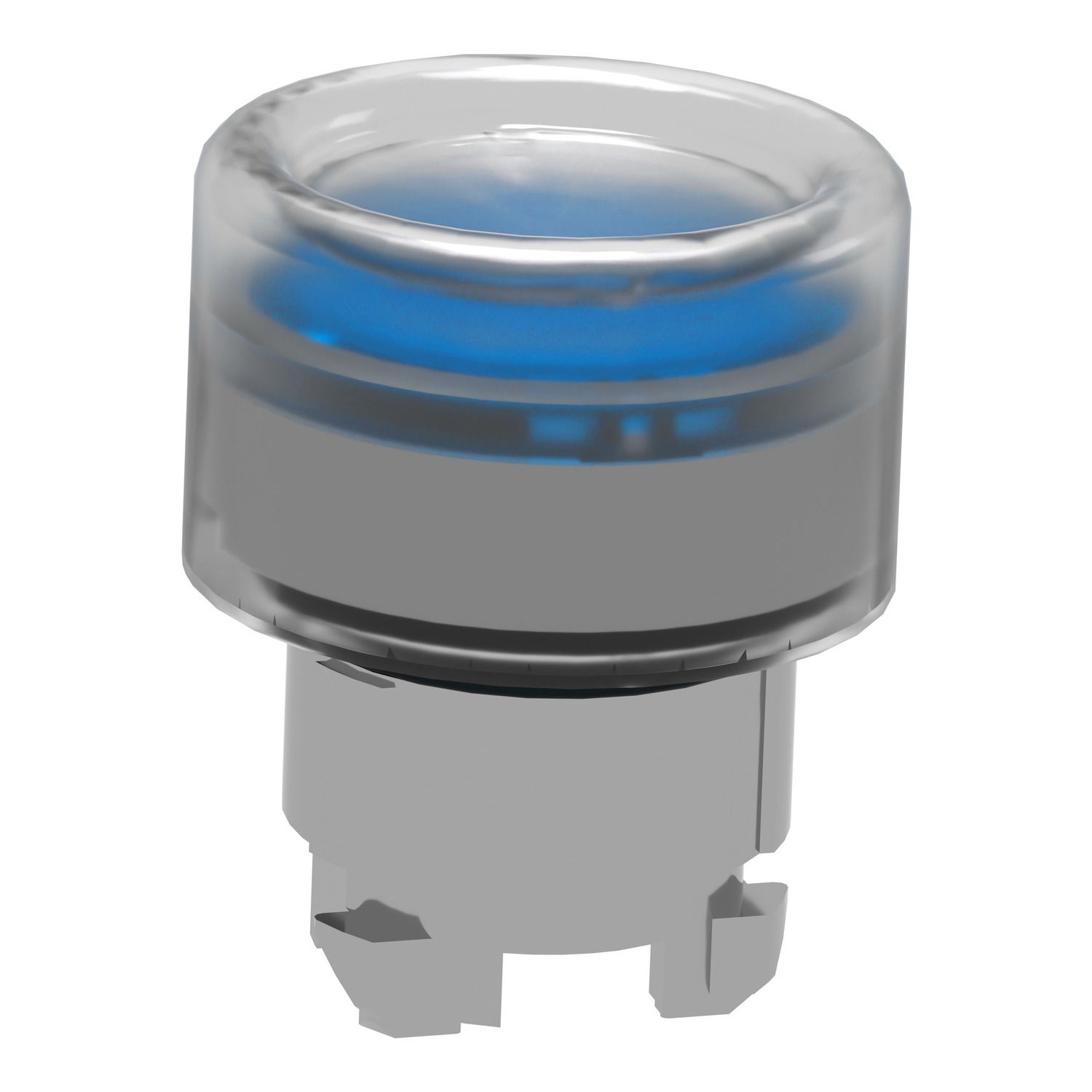 Picture of Head for illuminated push button, Harmony XB4, metal, blue flush, 22mm, universal LED, spring return, clear boot