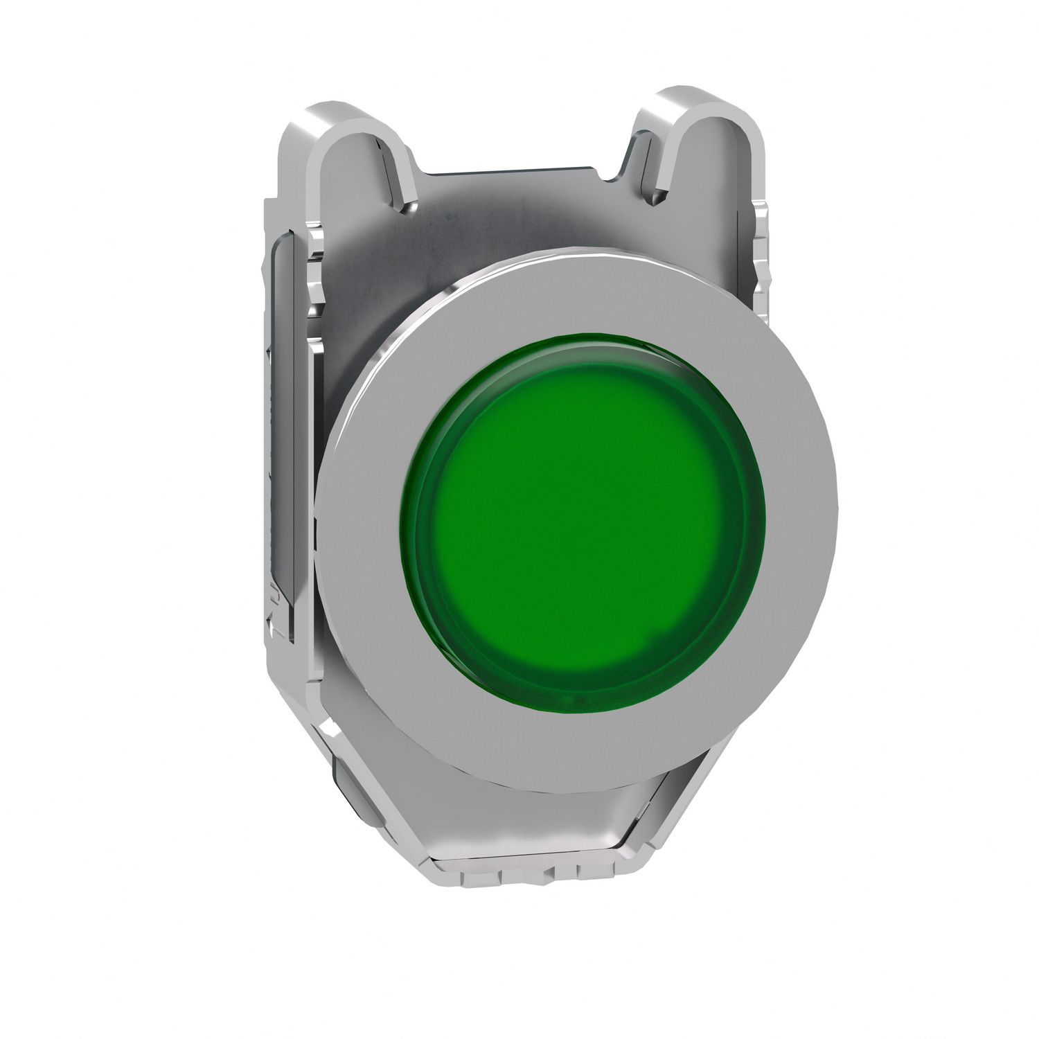 Picture of Head for illuminated push button, Harmony XB4, metal, green projecting, 30mm, universal LED, push-push, unmarked