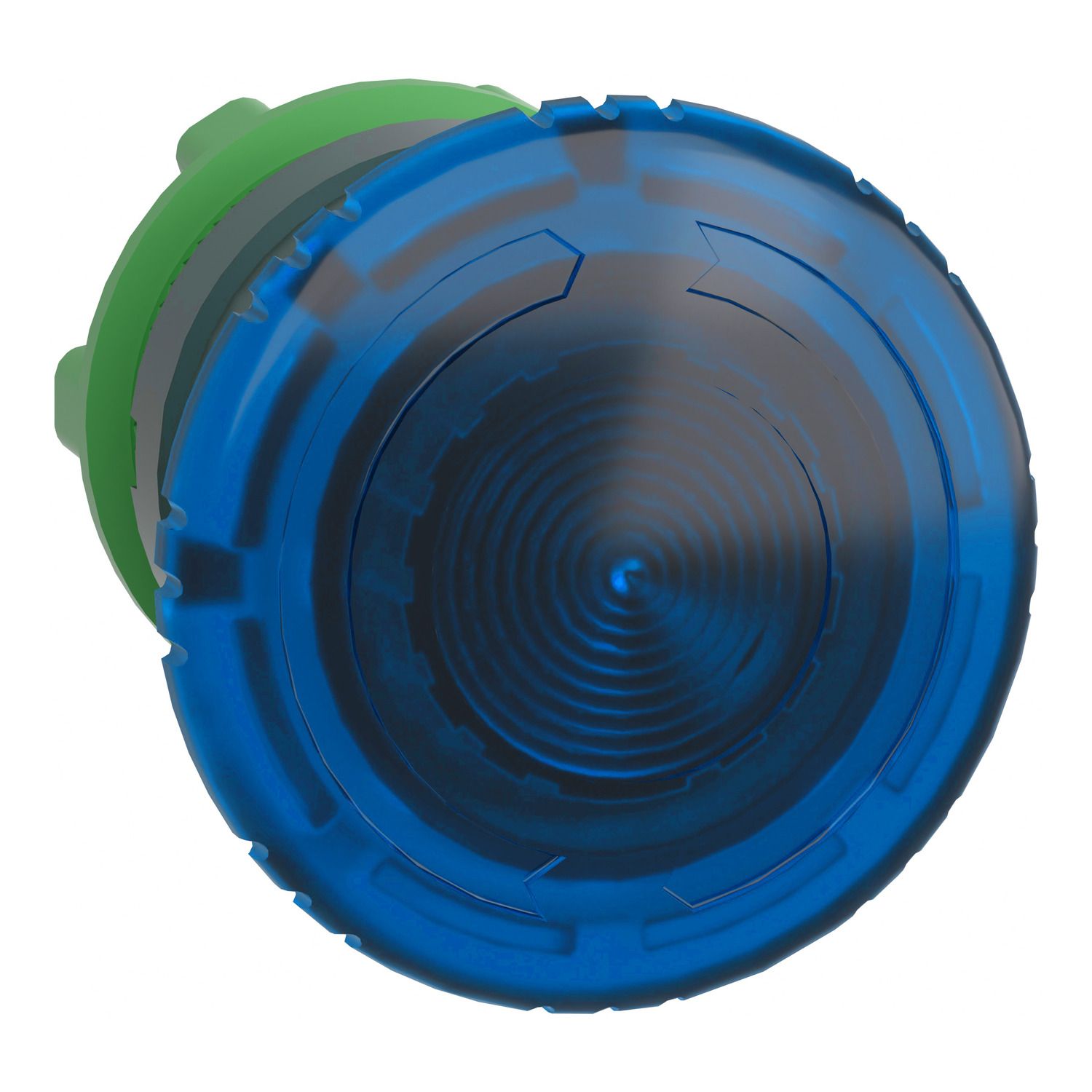 Picture of Head for illuminated push button, Harmony XB5, plastic, blue mushroom 40mm, 22mm, latching turn to release, clear boot