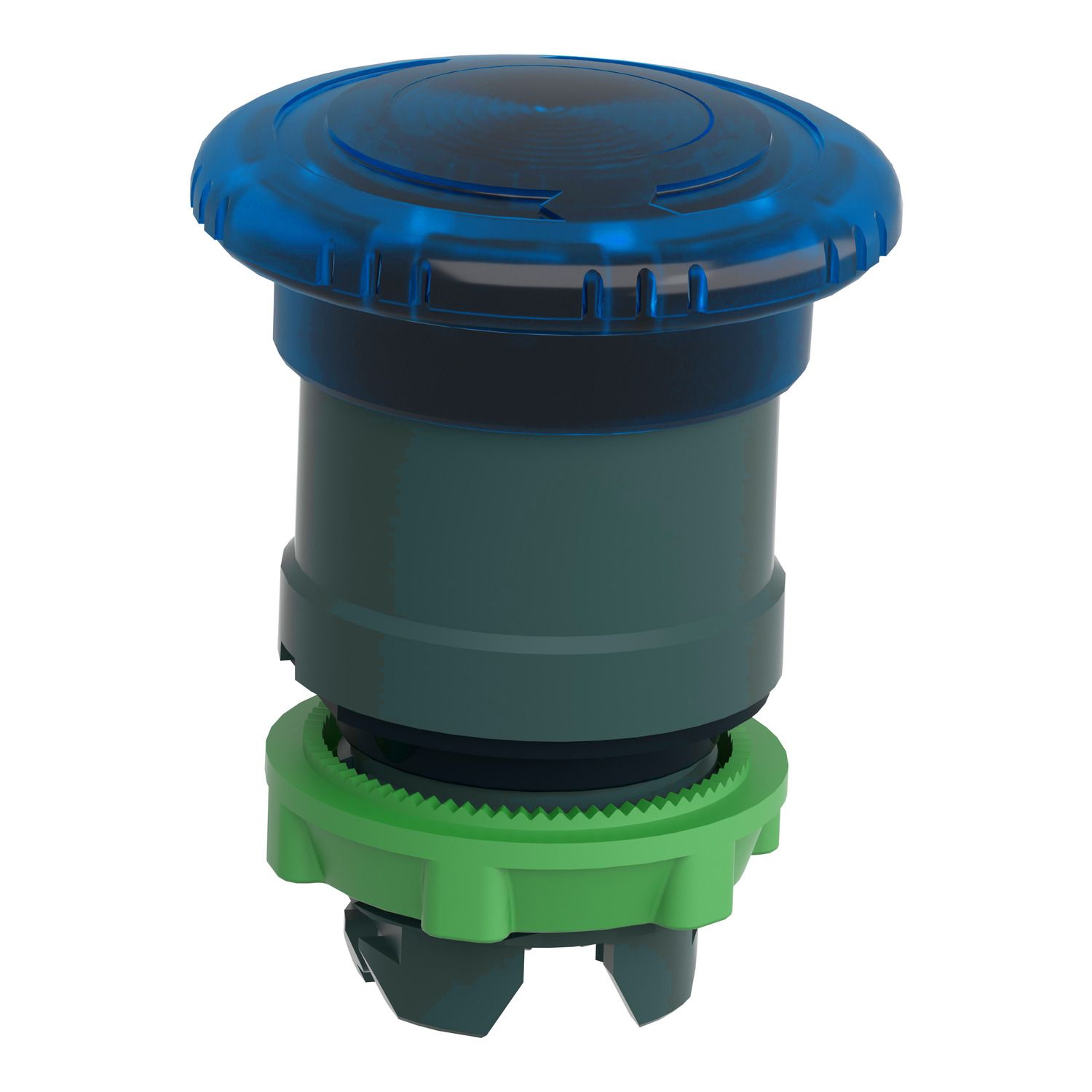 Picture of Head for illuminated push button, Harmony XB5, plastic, blue mushroom 40mm, 22mm, latching turn to release, clear boot