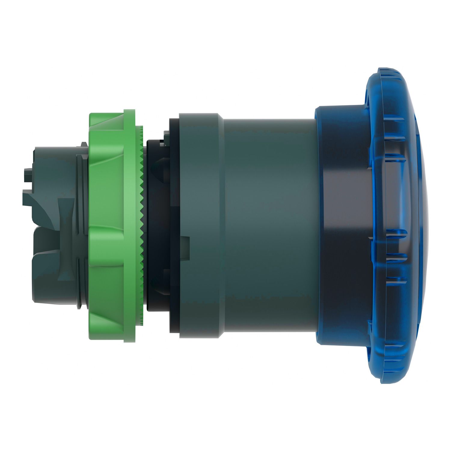 Picture of Head for illuminated push button, Harmony XB5, plastic, blue mushroom 40mm, 22mm, latching turn to release, clear boot