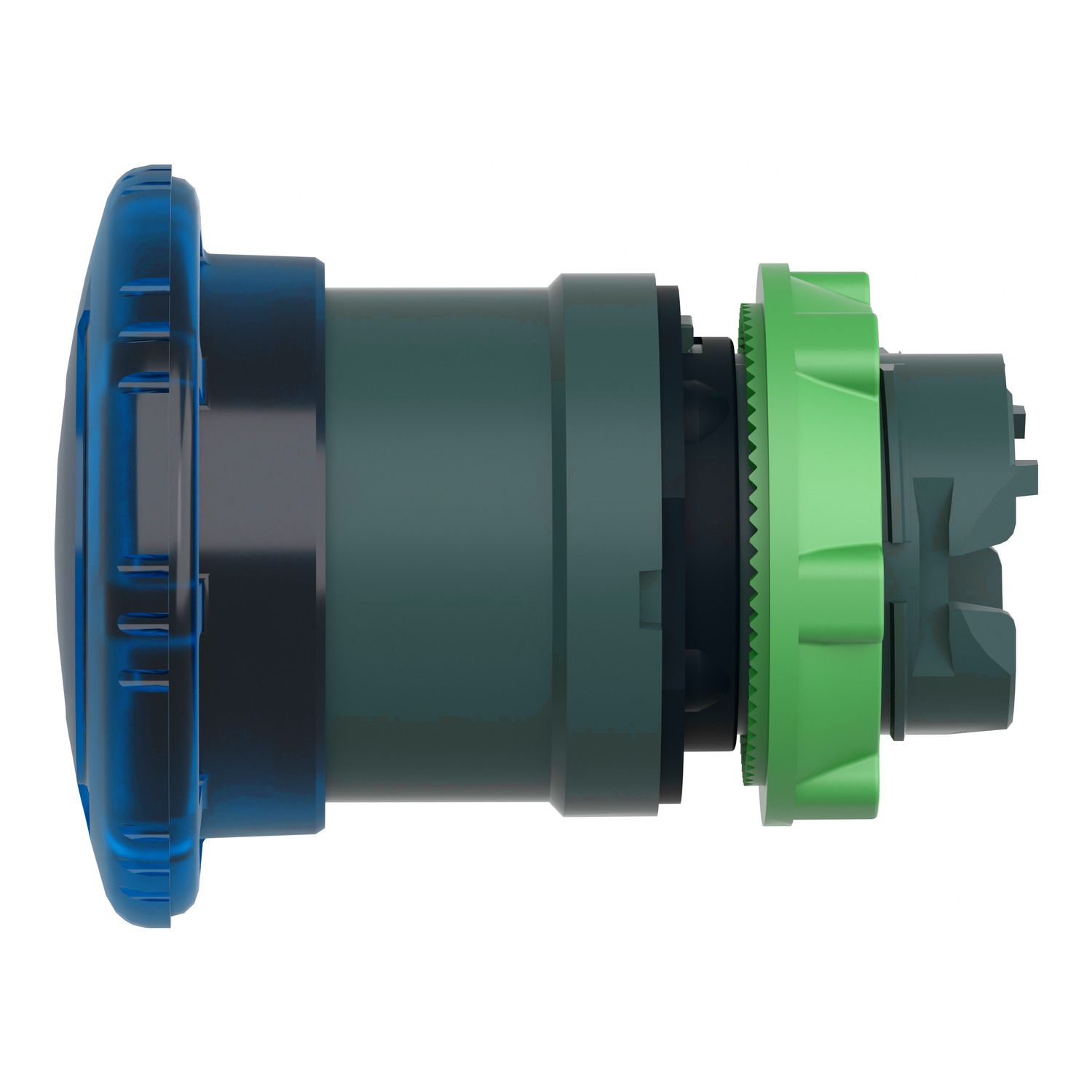 Picture of Head for illuminated push button, Harmony XB5, plastic, blue mushroom 40mm, 22mm, latching turn to release, clear boot