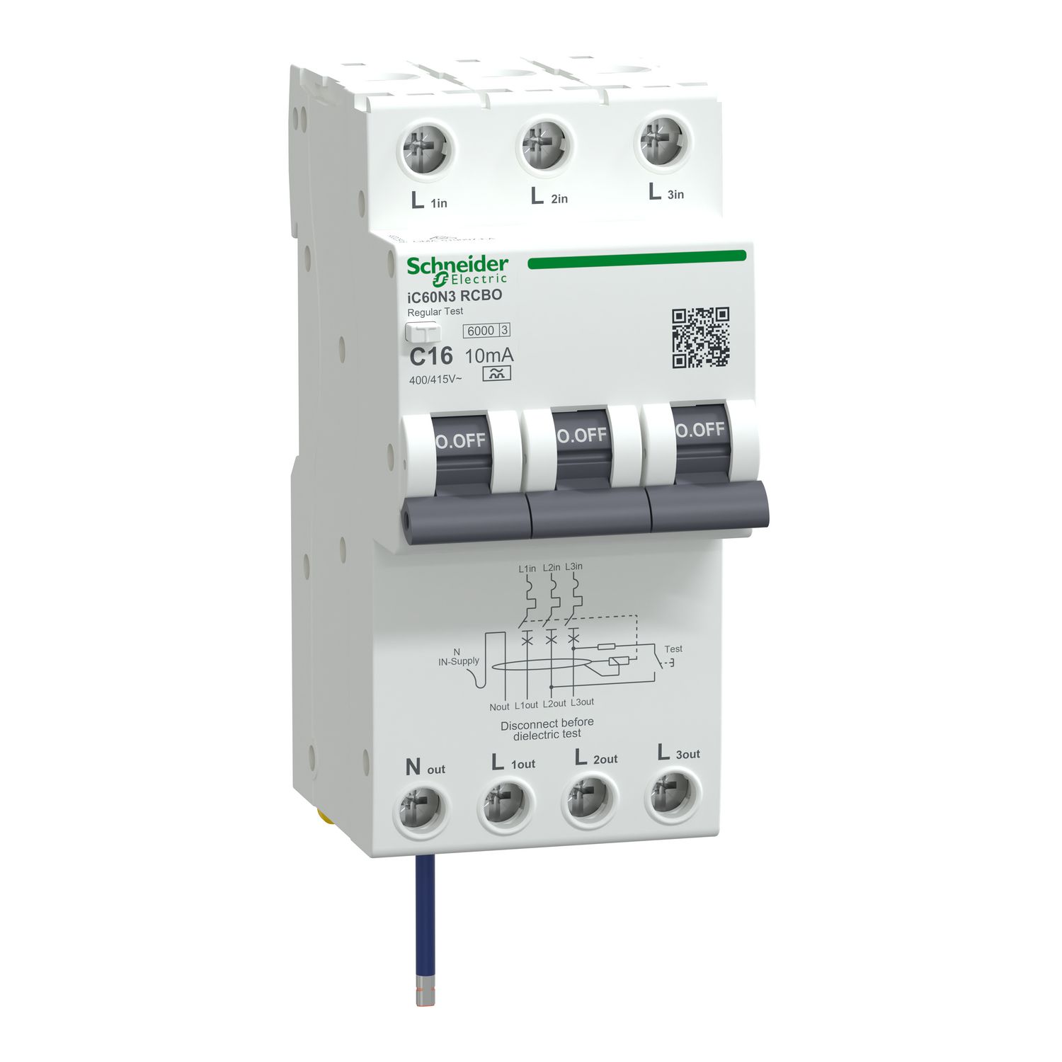 Picture of Residual current breaker with overcurrent protection (RCBO), Acti9 iC60 RCBO, 3P+Ns, C Curve, 16A, 10mA, A type, 6000A