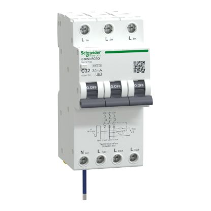 Picture of Residual current breaker with overcurrent protection (RCBO), Acti9 iC60 RCBO, 3P+Ns, C Curve, 32A, 30mA, A type, 6000A