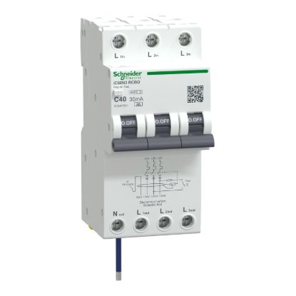 Picture of Residual current breaker with overcurrent protection (RCBO), Acti9 iC60 RCBO, 3P+Ns, C Curve, 40A, 30mA, A type, 6000A