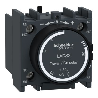 Picture of Time delay contact block, TeSys D, TeSys Deca,1NO+1NC,on-delay 1-30s,front,with 40±15ms switching time between NC opening and NO closing