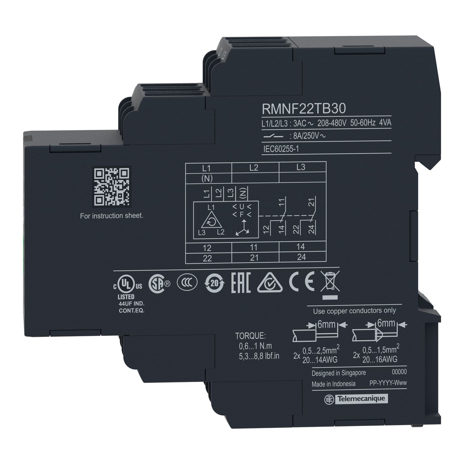 Picture of 3-phase control relay, Harmony Control Relays, 8A, 2CO, overfrequency and underfrequency, 208â€¦480V AC