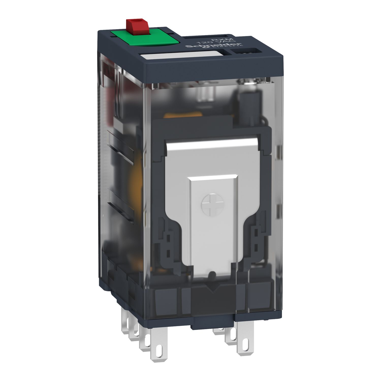 Picture of miniature plug in relay, Harmony Electromechanical Relays, 12A, 2CO, with LED, lockable test but to n, 120V AC
