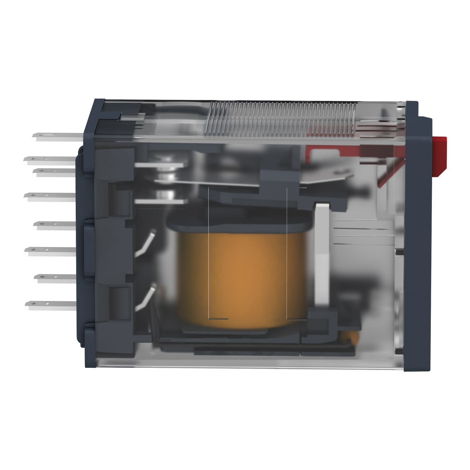 Picture of miniature plug in relay, Harmony Electromechanical Relays, 12A, 2CO, with LED, lockable test but to n, 230V AC