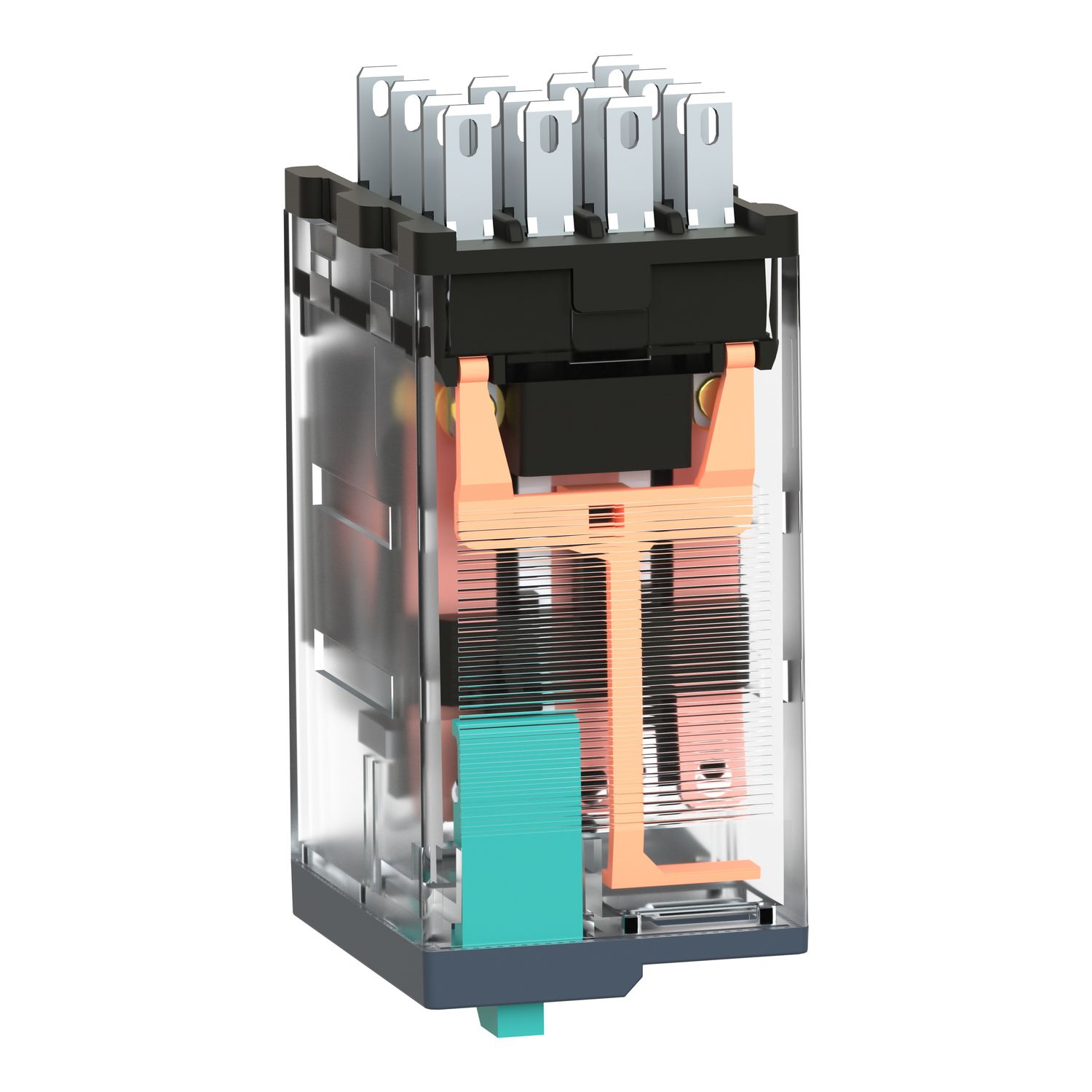 Picture of miniature plug in relay, Harmony Electromechanical Relays, 6A, 4CO, lockable test but to n, 24V DC