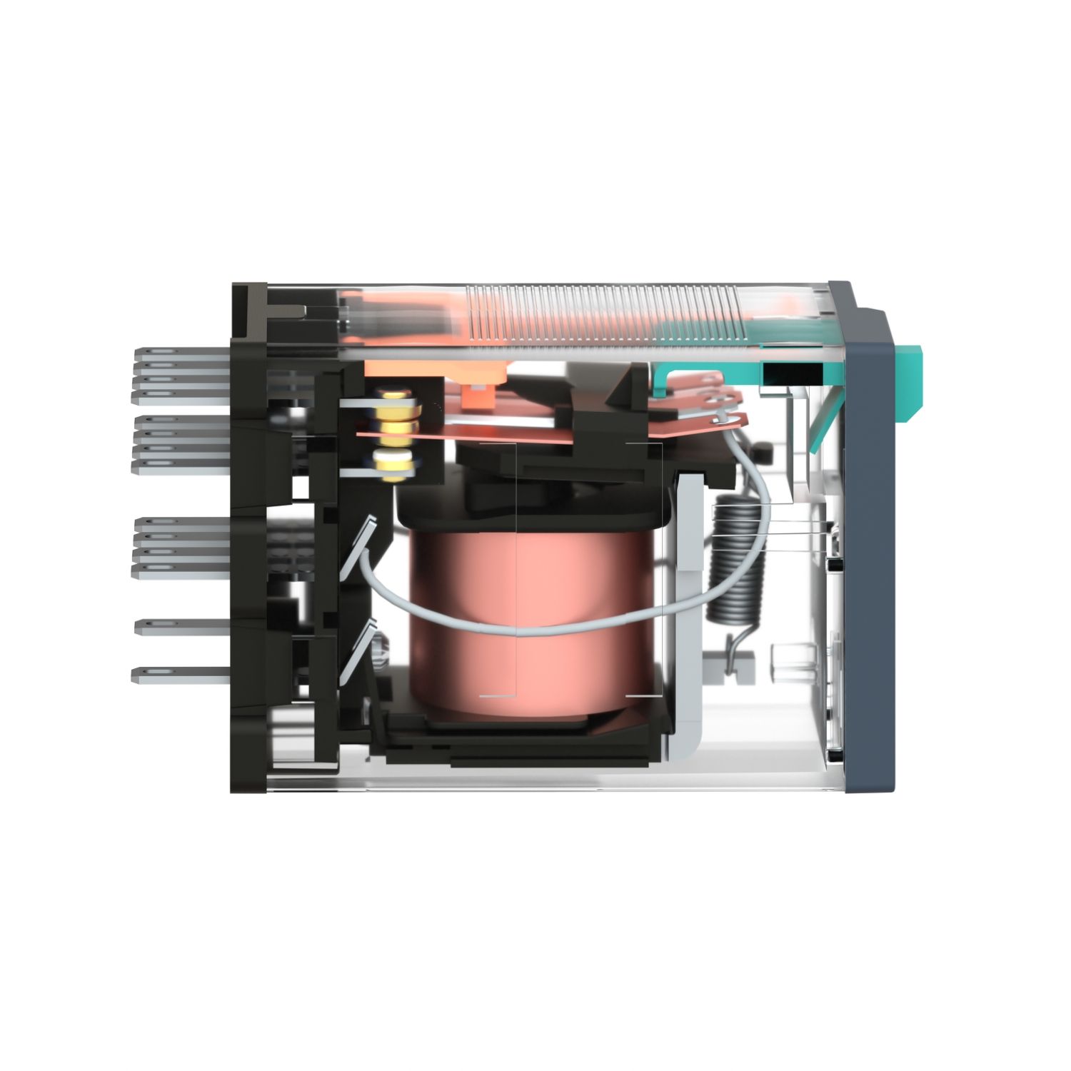 Picture of miniature plug in relay, Harmony Electromechanical Relays, 6A, 4CO, lockable test but to n, 24V DC
