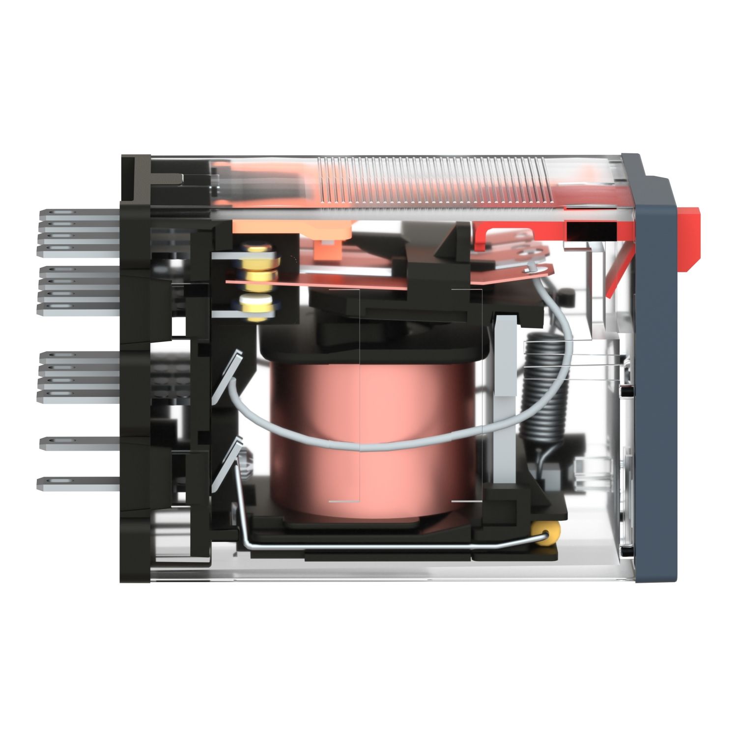 Picture of miniature plug in relay, Harmony Electromechanical Relays, 6A, 4CO, with LED, lockable test but to n, 48V AC