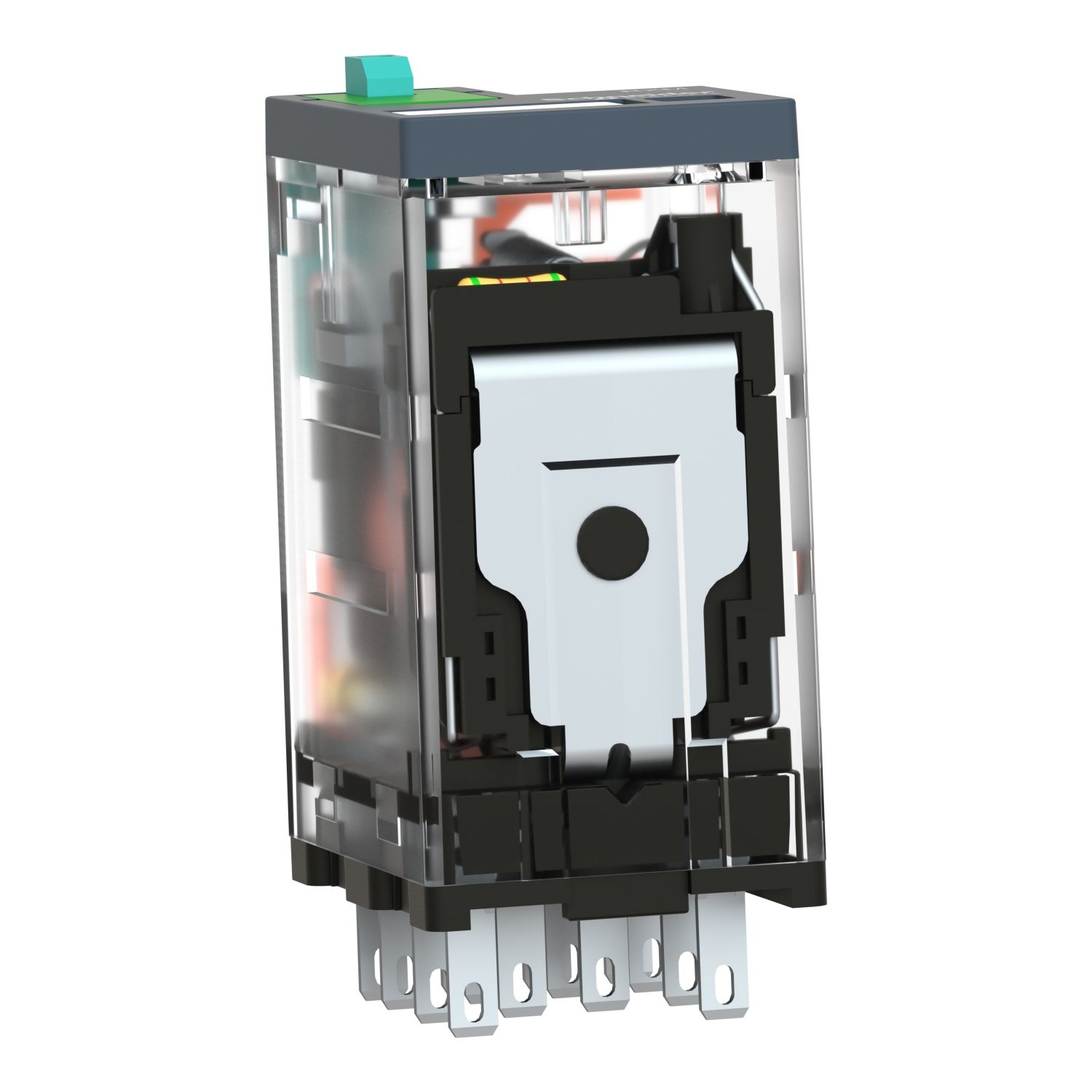 Picture of miniature plug in relay, Harmony Electromechanical Relays, 6A, 4CO, with LED, lockable test but to n, 110V DC