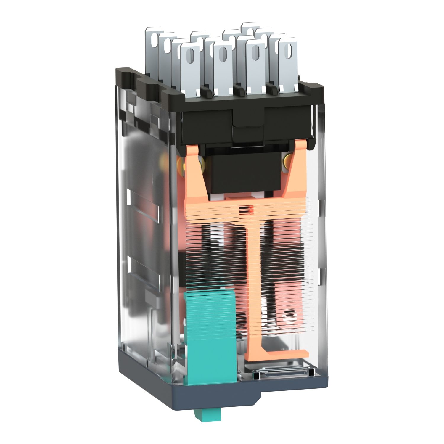 Picture of miniature plug in relay, Harmony Electromechanical Relays, 6A, 4CO, with LED, lockable test but to n, 110V DC