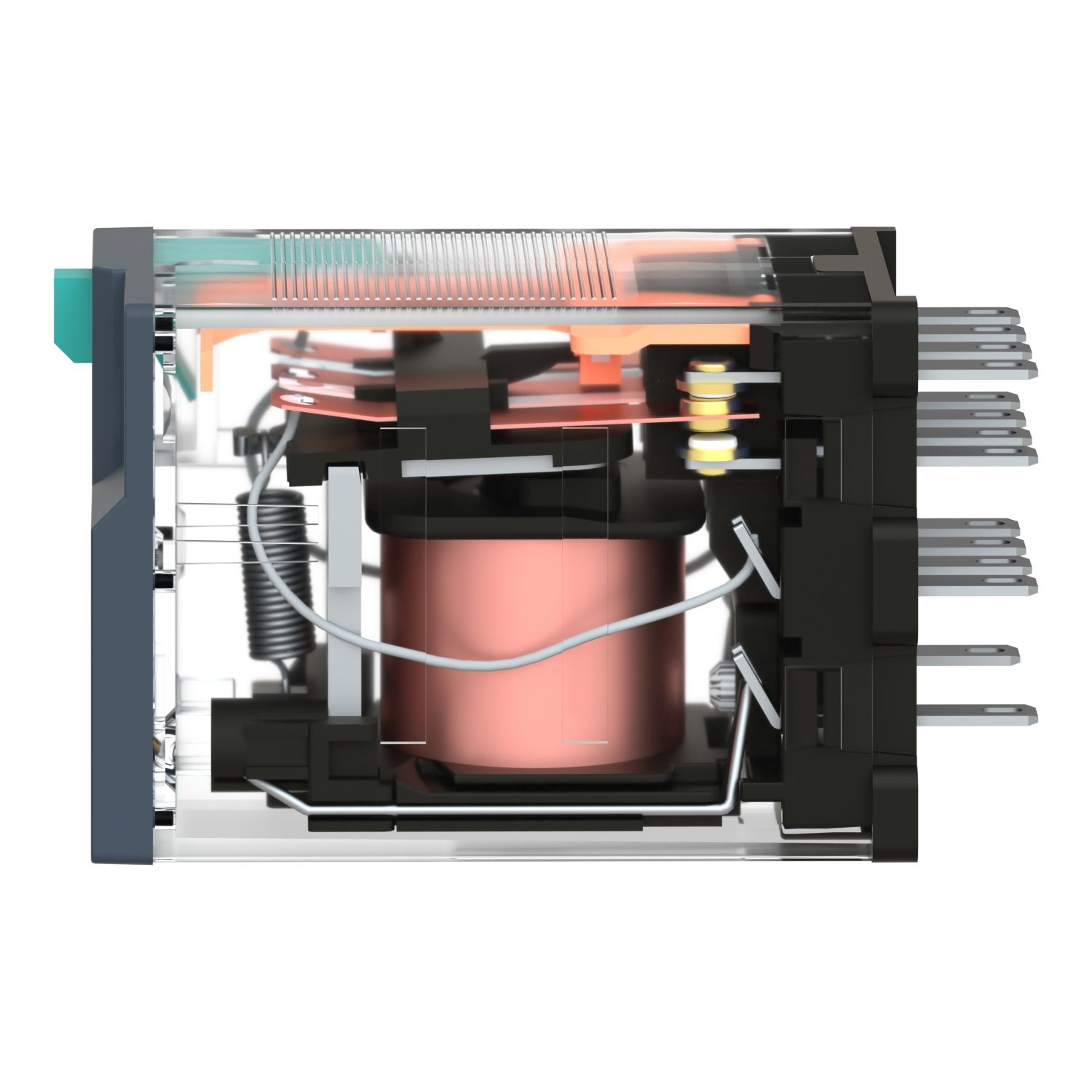 Picture of miniature plug in relay, Harmony Electromechanical Relays, 6A, 4CO, with LED, lockable test but to n, 110V DC