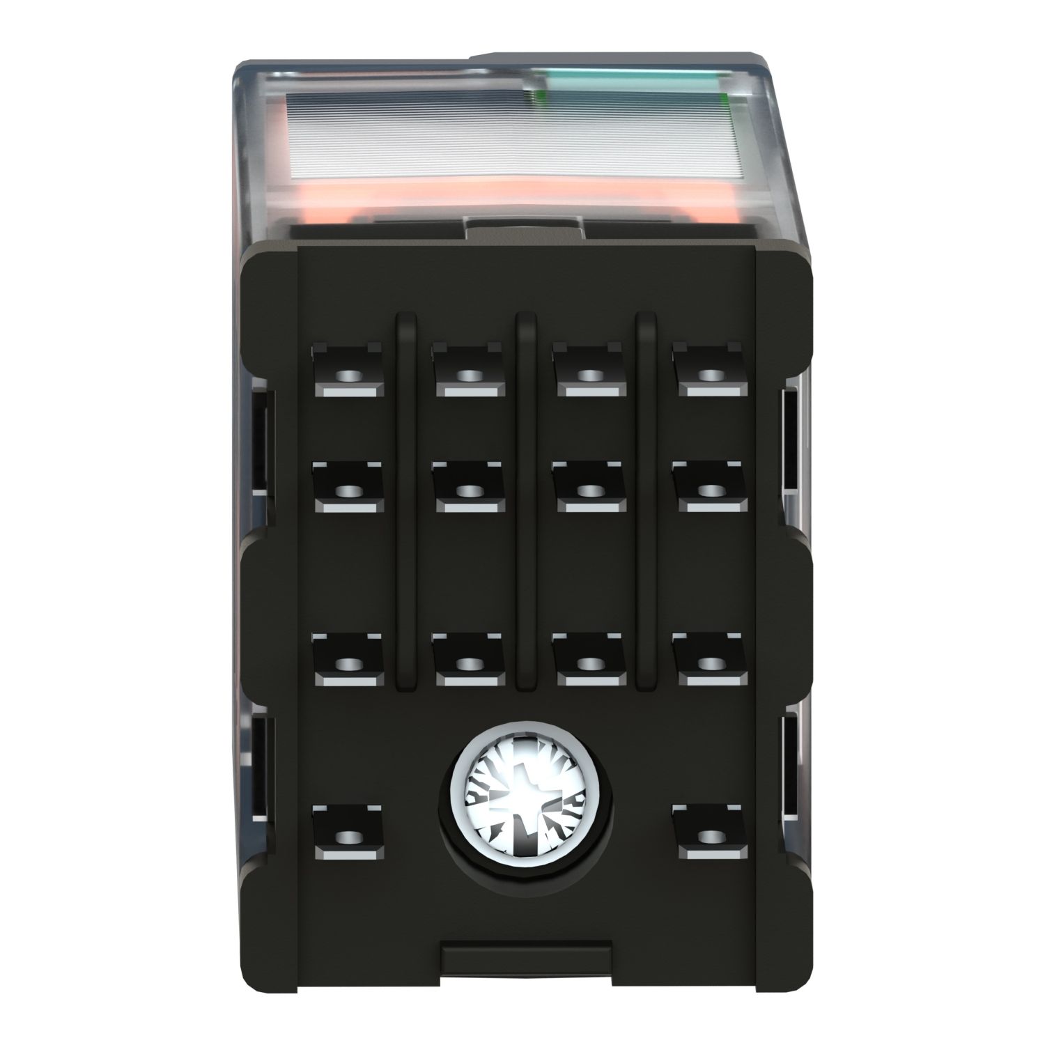 Picture of miniature plug in relay, Harmony Electromechanical Relays, 6A, 4CO, with LED, lockable test but to n, 125V DC