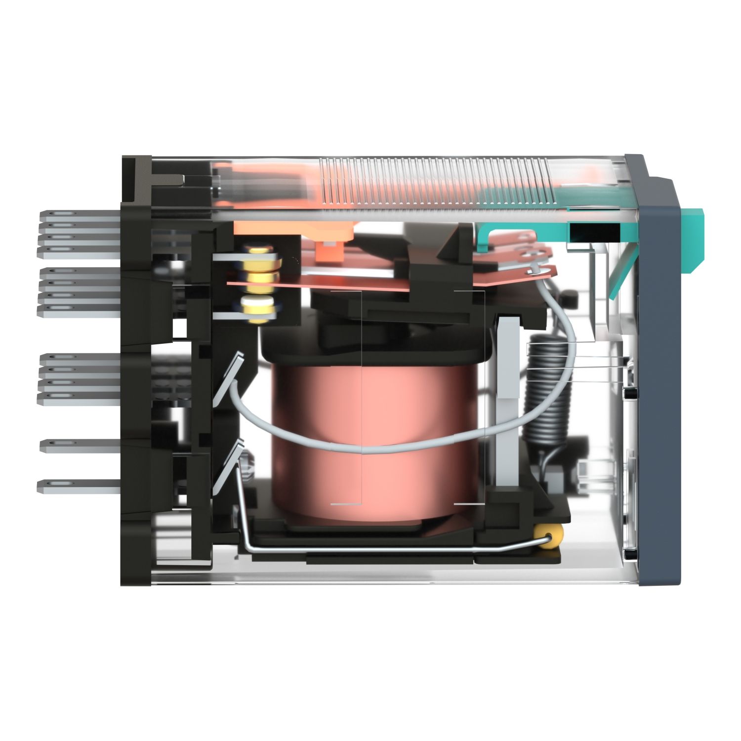 Picture of miniature plug in relay, Harmony Electromechanical Relays, 6A, 4CO, with LED, lockable test but to n, 125V DC