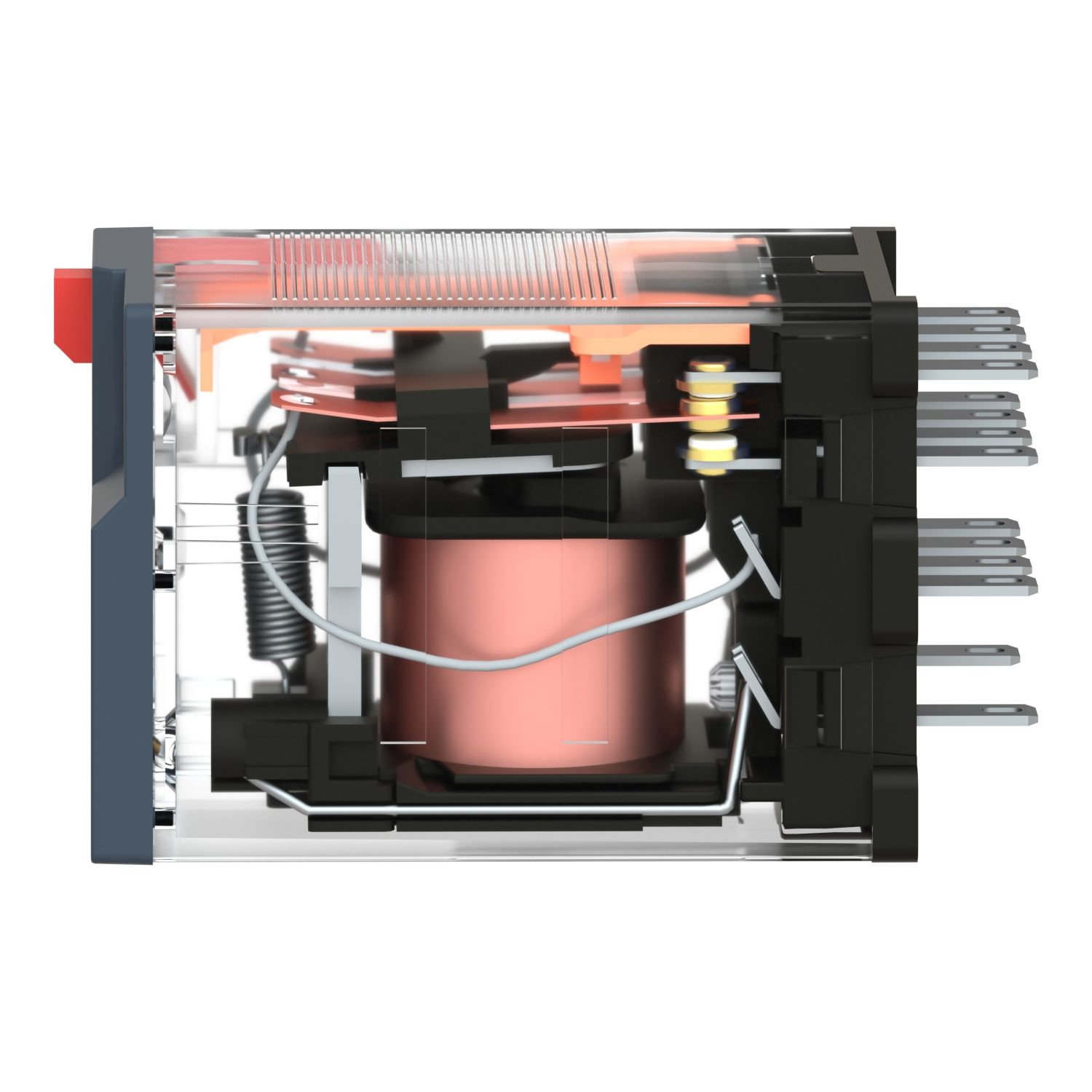 Picture of miniature plug in relay, Harmony Electromechanical Relays, 6A, 4CO, with LED, lockable test but to n, 230V AC